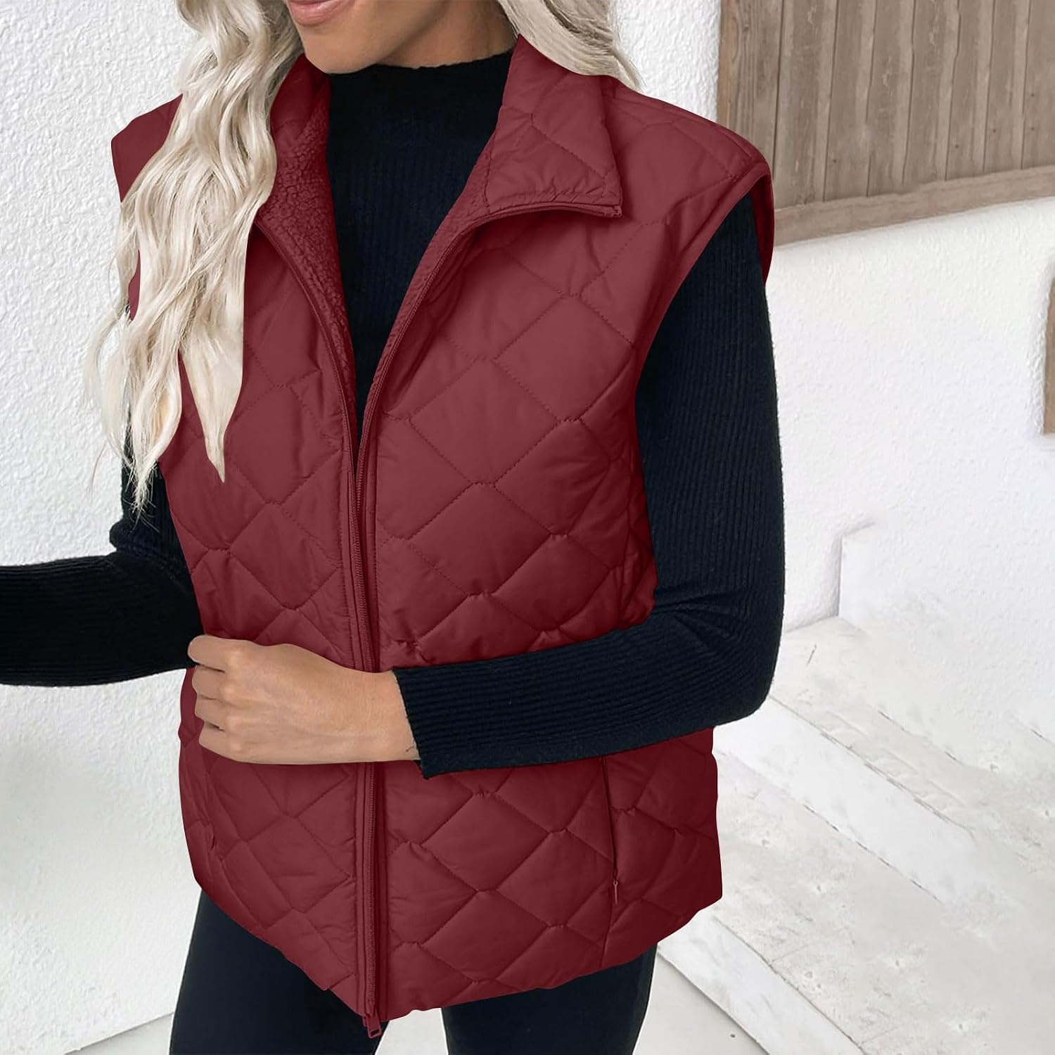 image:imagePuffer Vest Women Sleeveless Zip Up Outerwear Stand Collar Quilted Fall Vest Warm Winter Jackets Coats with PocketsWine