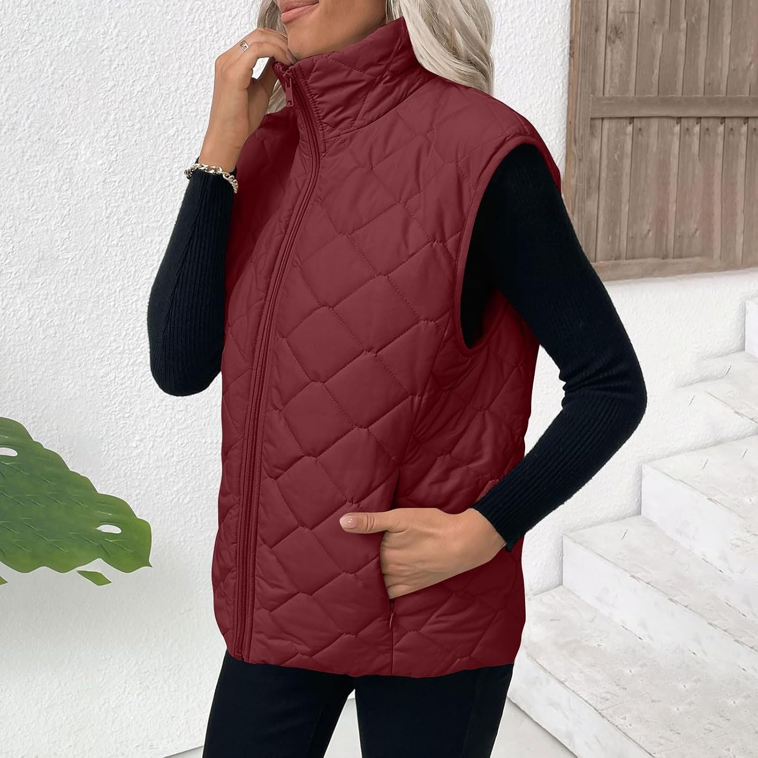 image:imagePuffer Vest Women Sleeveless Zip Up Outerwear Stand Collar Quilted Fall Vest Warm Winter Jackets Coats with PocketsWine