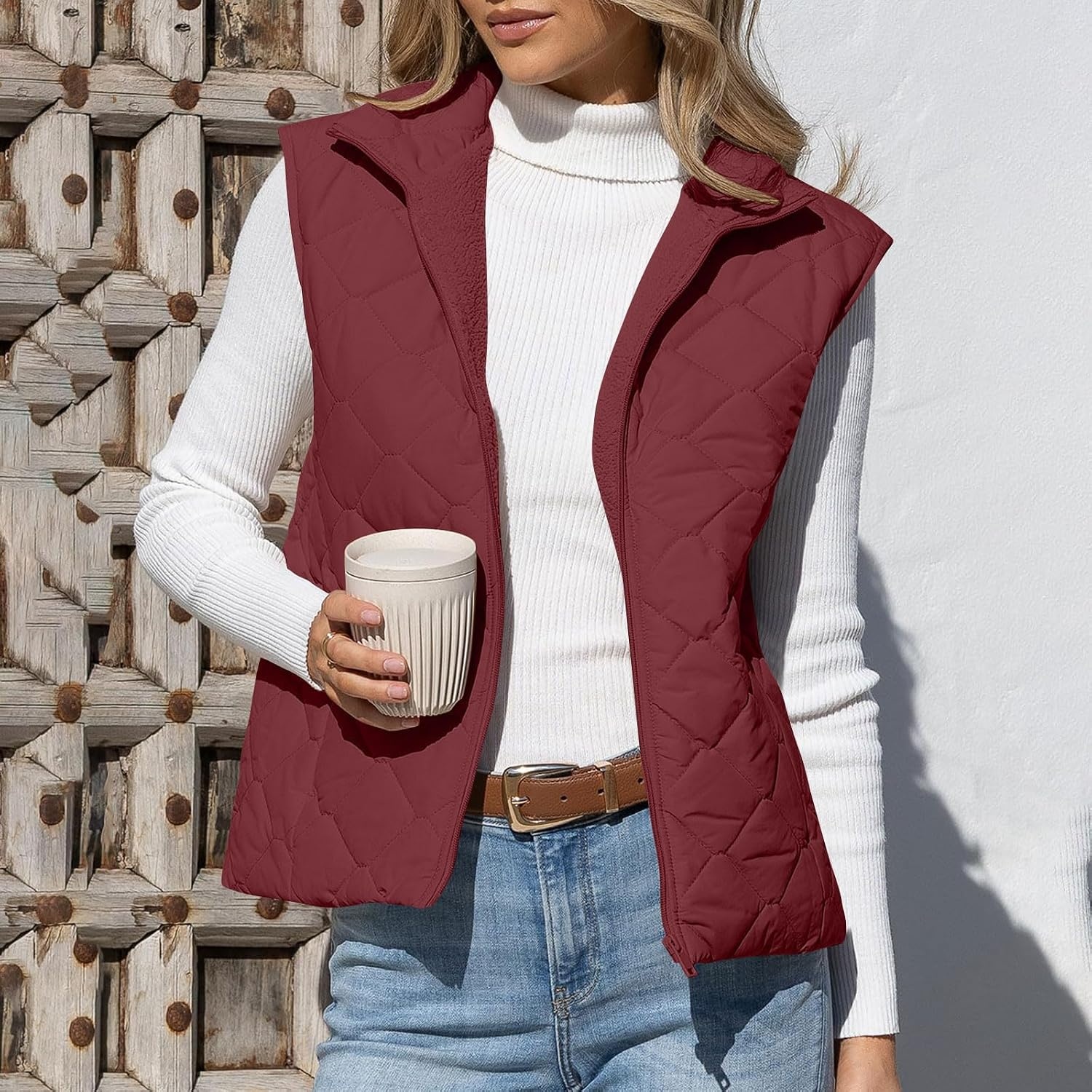 image:imagePuffer Vest Women Sleeveless Zip Up Outerwear Stand Collar Quilted Fall Vest Warm Winter Jackets Coats with PocketsWine