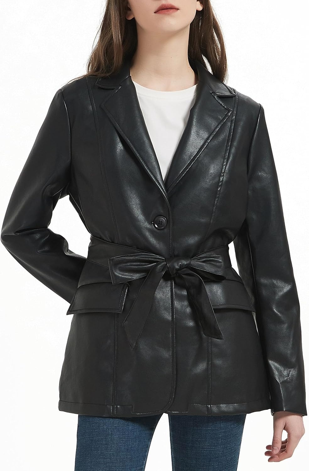 image:imageRISISSIDA Women Faux Leather Blazer JacketSoft PLeather PU Coat Premium Vegan LeatherButton DownLapelSpring Fall Transitional Casual FashionWork and Daily WearBlackhip Lengthwith Detachable Belt