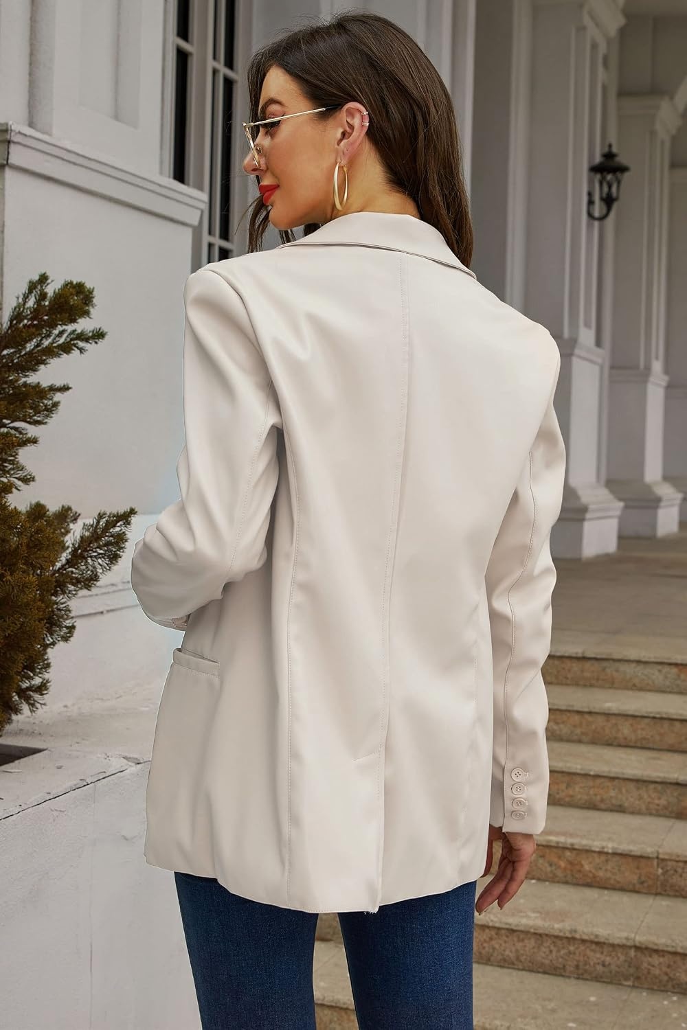 image:imageRISISSIDA Women Faux Leather Blazer JacketSoft PLeather PU Coat Premium Vegan LeatherButton DownLapelSpring Fall Transitional Casual FashionWork and Daily WearWhitehip Length
