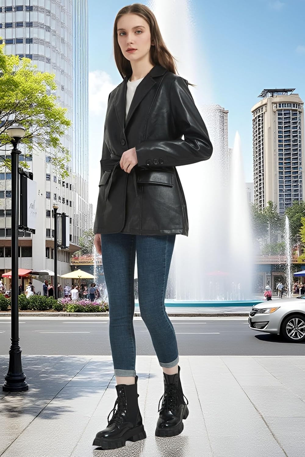 image:imageRISISSIDA Women Faux Leather Blazer JacketSoft PLeather PU Coat Premium Vegan LeatherButton DownLapelSpring Fall Transitional Casual FashionWork and Daily WearBlackhip Lengthwith Detachable Belt