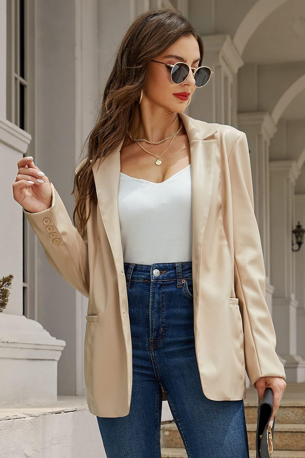 image:imageRISISSIDA Women Faux Leather Blazer JacketSoft PLeather PU Coat Premium Vegan LeatherButton DownLapelSpring Fall Transitional Casual FashionWork and Daily WearBeigehip Length