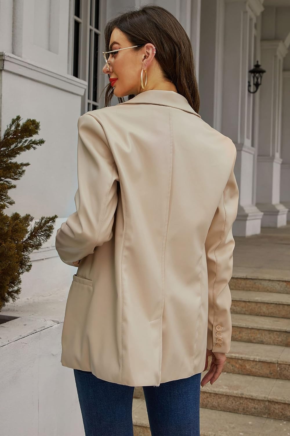 image:imageRISISSIDA Women Faux Leather Blazer JacketSoft PLeather PU Coat Premium Vegan LeatherButton DownLapelSpring Fall Transitional Casual FashionWork and Daily WearBeigehip Length