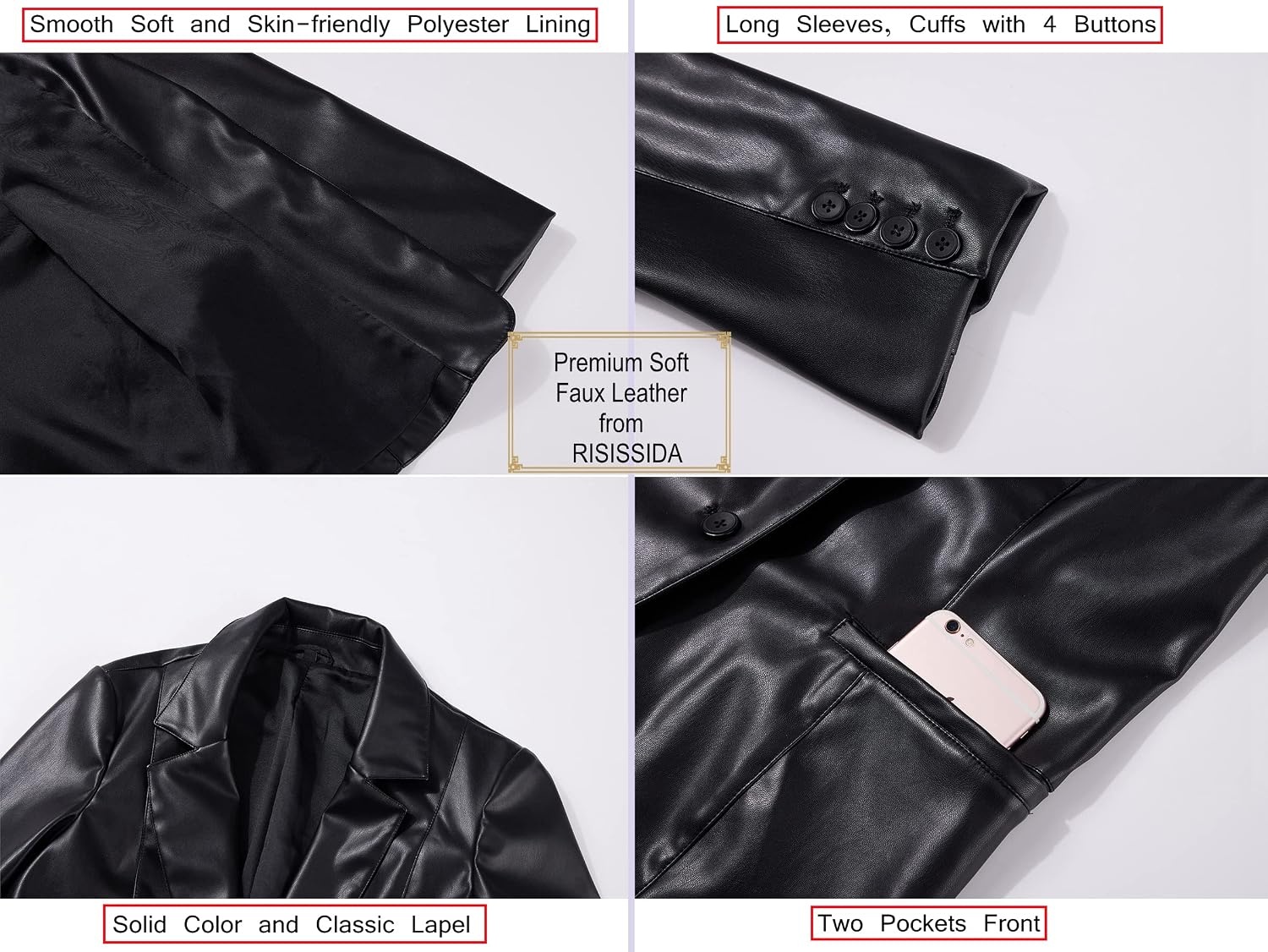 image:imageRISISSIDA Women Faux Leather Blazer JacketSoft PLeather PU Coat Premium Vegan LeatherButton DownLapelSpring Fall Transitional Casual FashionWork and Daily WearBlackhip Length