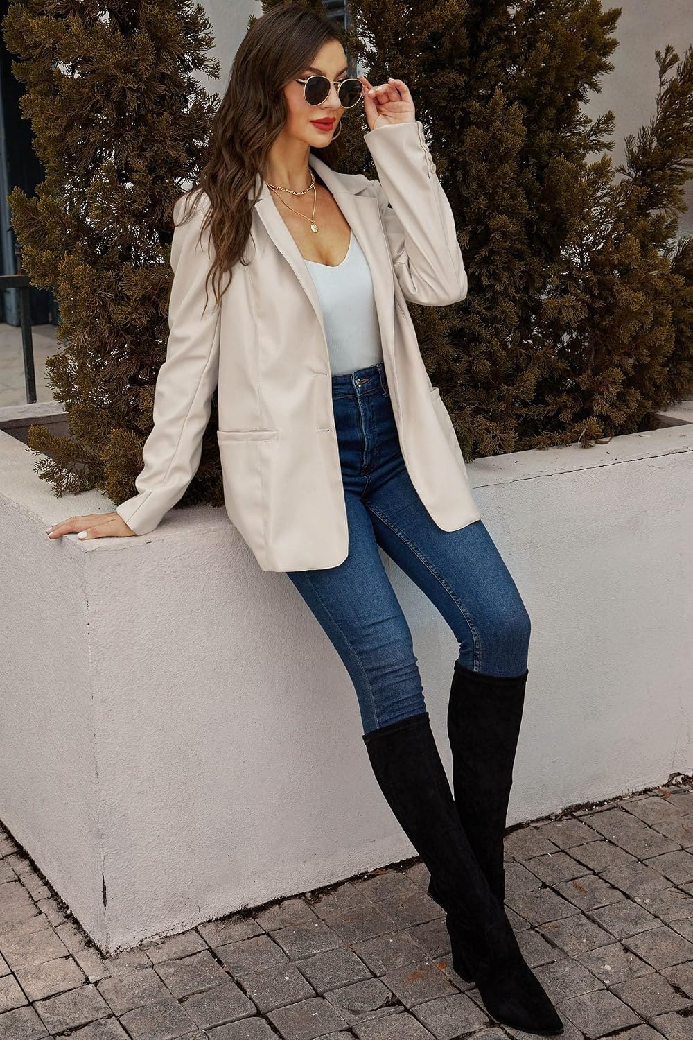 image:imageRISISSIDA Women Faux Leather Blazer JacketSoft PLeather PU Coat Premium Vegan LeatherButton DownLapelSpring Fall Transitional Casual FashionWork and Daily WearWhitehip Length