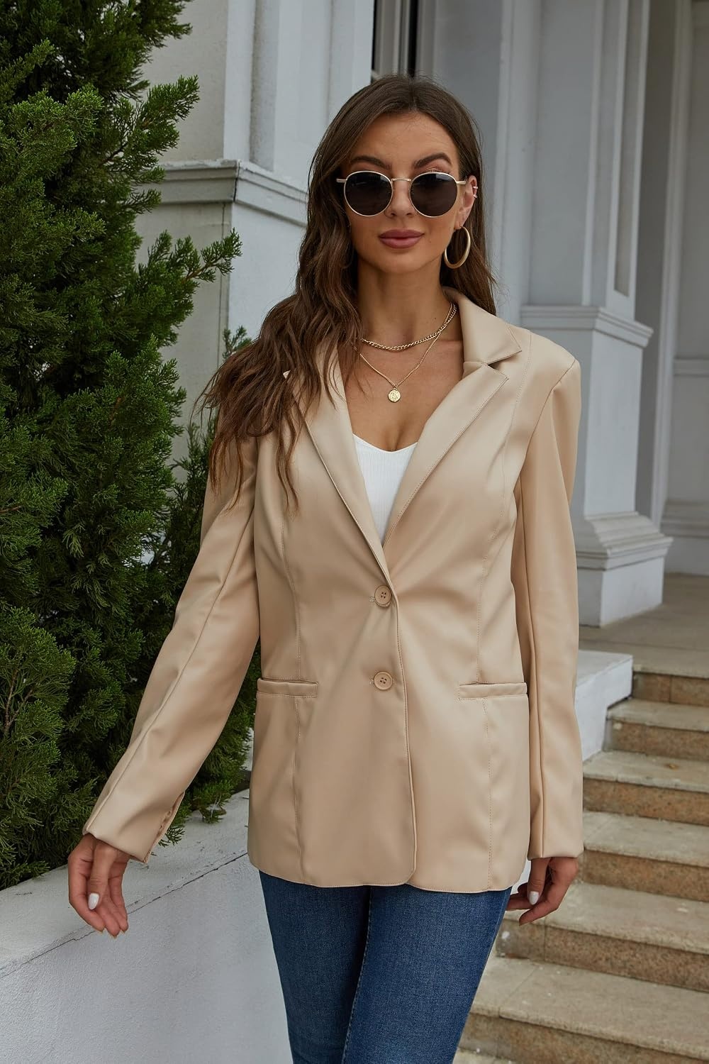 image:imageRISISSIDA Women Faux Leather Blazer JacketSoft PLeather PU Coat Premium Vegan LeatherButton DownLapelSpring Fall Transitional Casual FashionWork and Daily WearBeigehip Length