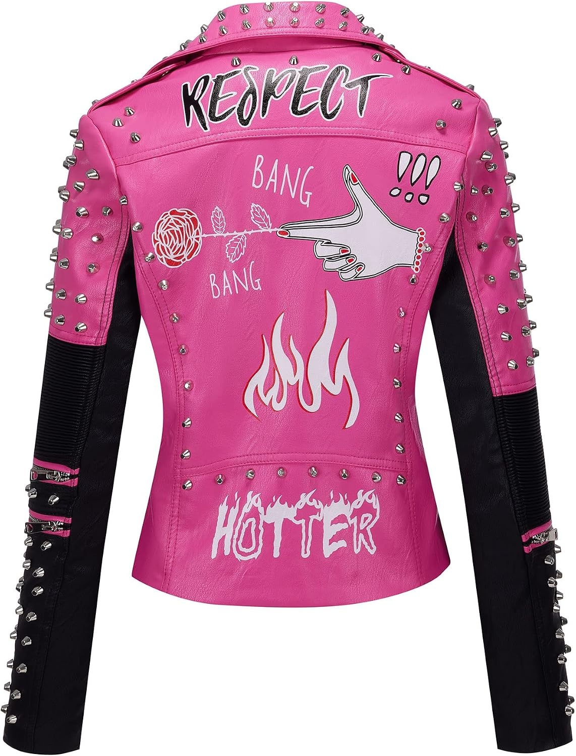 image:imageRISISSIDA Women Faux Leather Studded Moto Jacket Belted Short Streetwear Motorcycle Biker Trendy Emo ClothesHipLengthGraffiti PrintColor Block DesignSilver RivetAsymmetric Zip076 Blackpink