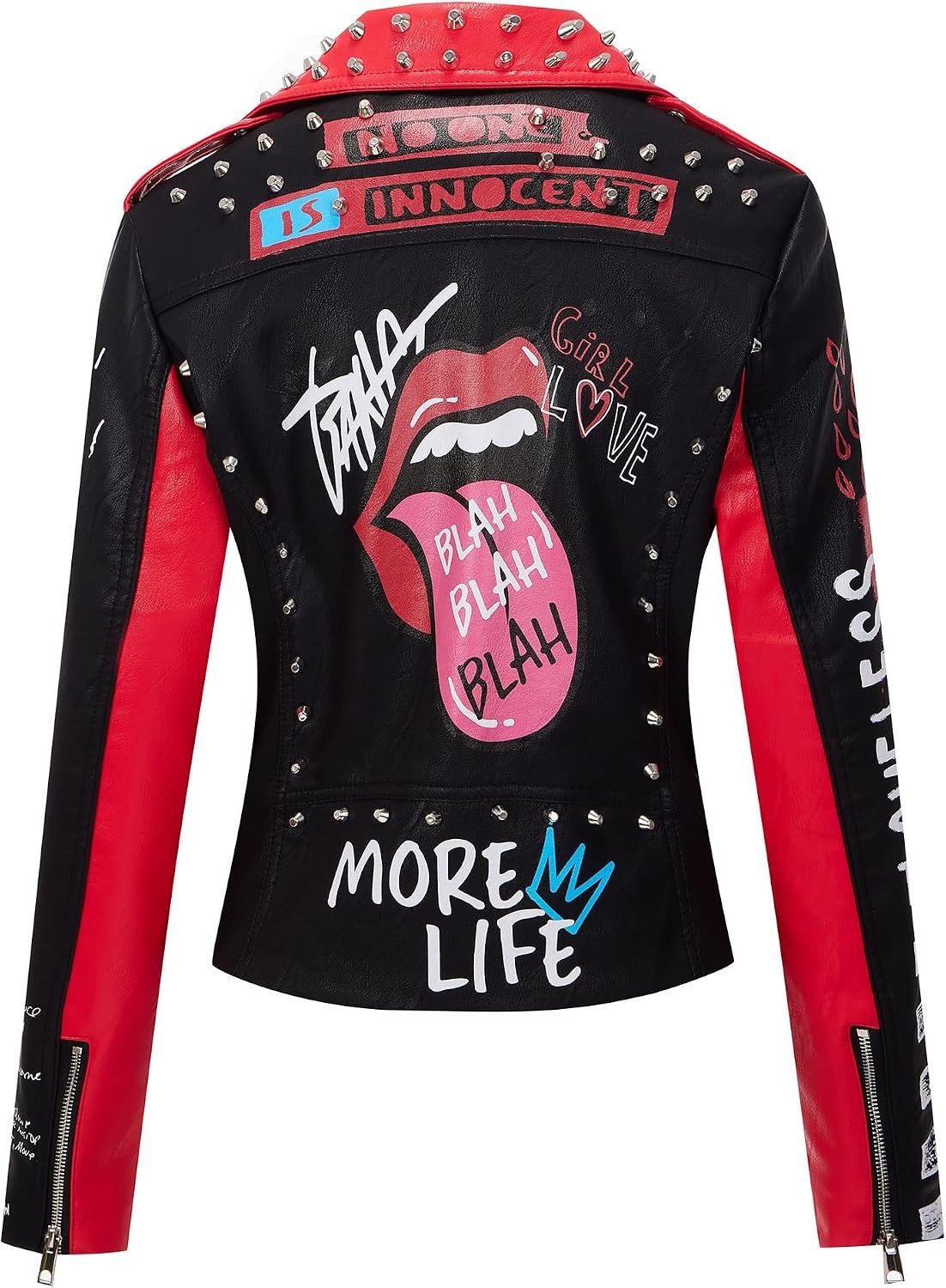 image:imageRISISSIDA Women Faux Leather Studded Moto Jacket Belted Short Streetwear Motorcycle Biker Trendy Emo ClothesHipLengthGraffiti PrintColor Block DesignSilver RivetAsymmetric Zip79 Blackred
