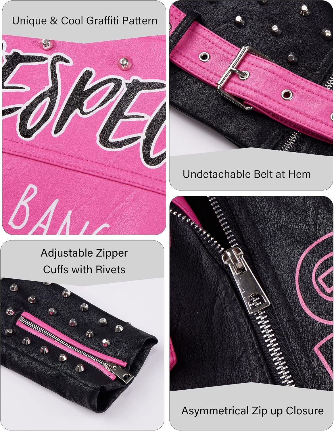 image:imageRISISSIDA Women Faux Leather Studded Moto Jacket Belted Short Streetwear Motorcycle Biker Trendy Emo ClothesHipLengthGraffiti PrintColor Block DesignSilver RivetAsymmetric Zip076 Blackpink