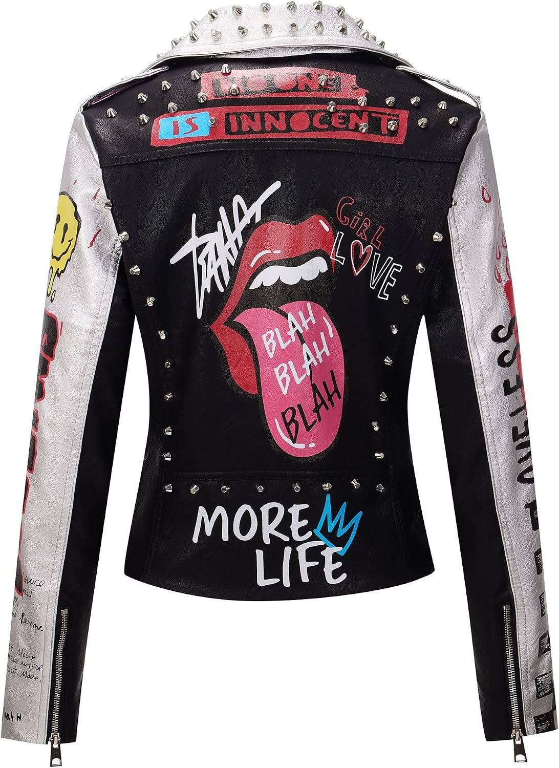 image:imageRISISSIDA Women Faux Leather Studded Moto Jacket Belted Short Streetwear Motorcycle Biker Trendy Emo ClothesHipLengthGraffiti PrintColor Block DesignSilver RivetAsymmetric Zip79 Blacksilver