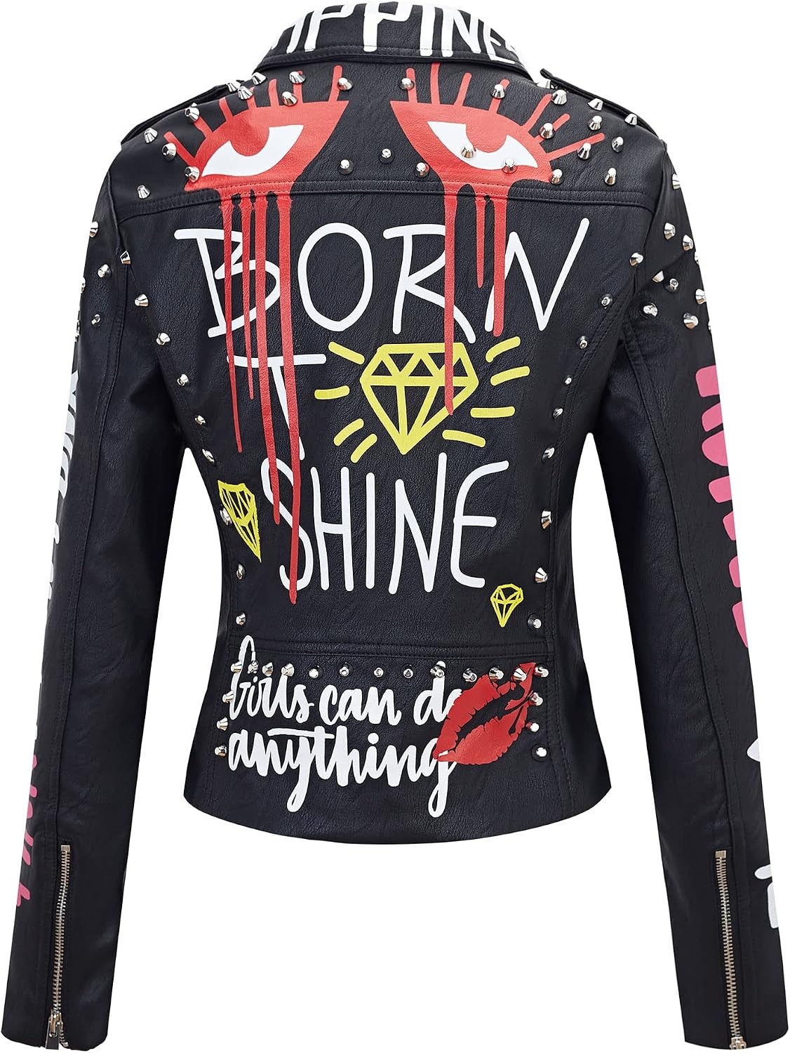image:imageRISISSIDA Women Faux Leather Studded Moto Jacket Belted Short Streetwear Motorcycle Biker Trendy Emo ClothesHipLengthGraffiti PrintColor Block DesignSilver RivetAsymmetric Zip80 Black