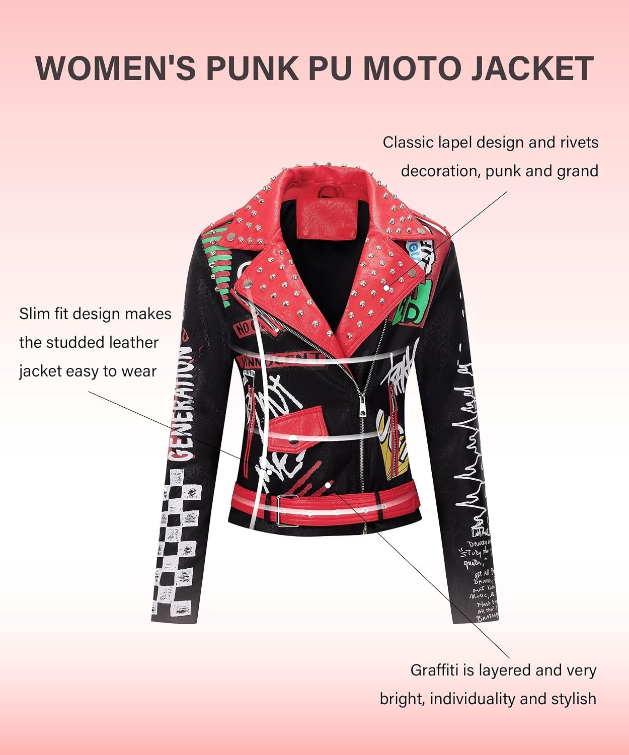 image:imageRISISSIDA Women Faux Leather Studded Moto Jacket Belted Short Streetwear Motorcycle Biker Trendy Emo ClothesHipLengthGraffiti PrintColor Block DesignSilver RivetAsymmetric Zip79 Blackred