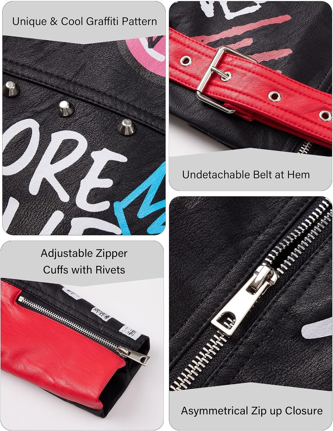 image:imageRISISSIDA Women Faux Leather Studded Moto Jacket Belted Short Streetwear Motorcycle Biker Trendy Emo ClothesHipLengthGraffiti PrintColor Block DesignSilver RivetAsymmetric Zip79 Blackred