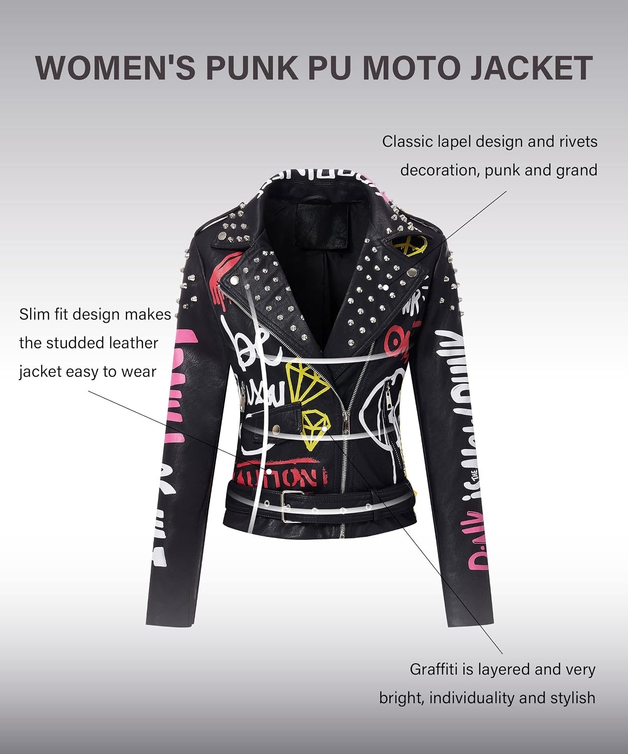 image:imageRISISSIDA Women Faux Leather Studded Moto Jacket Belted Short Streetwear Motorcycle Biker Trendy Emo ClothesHipLengthGraffiti PrintColor Block DesignSilver RivetAsymmetric Zip80 Black