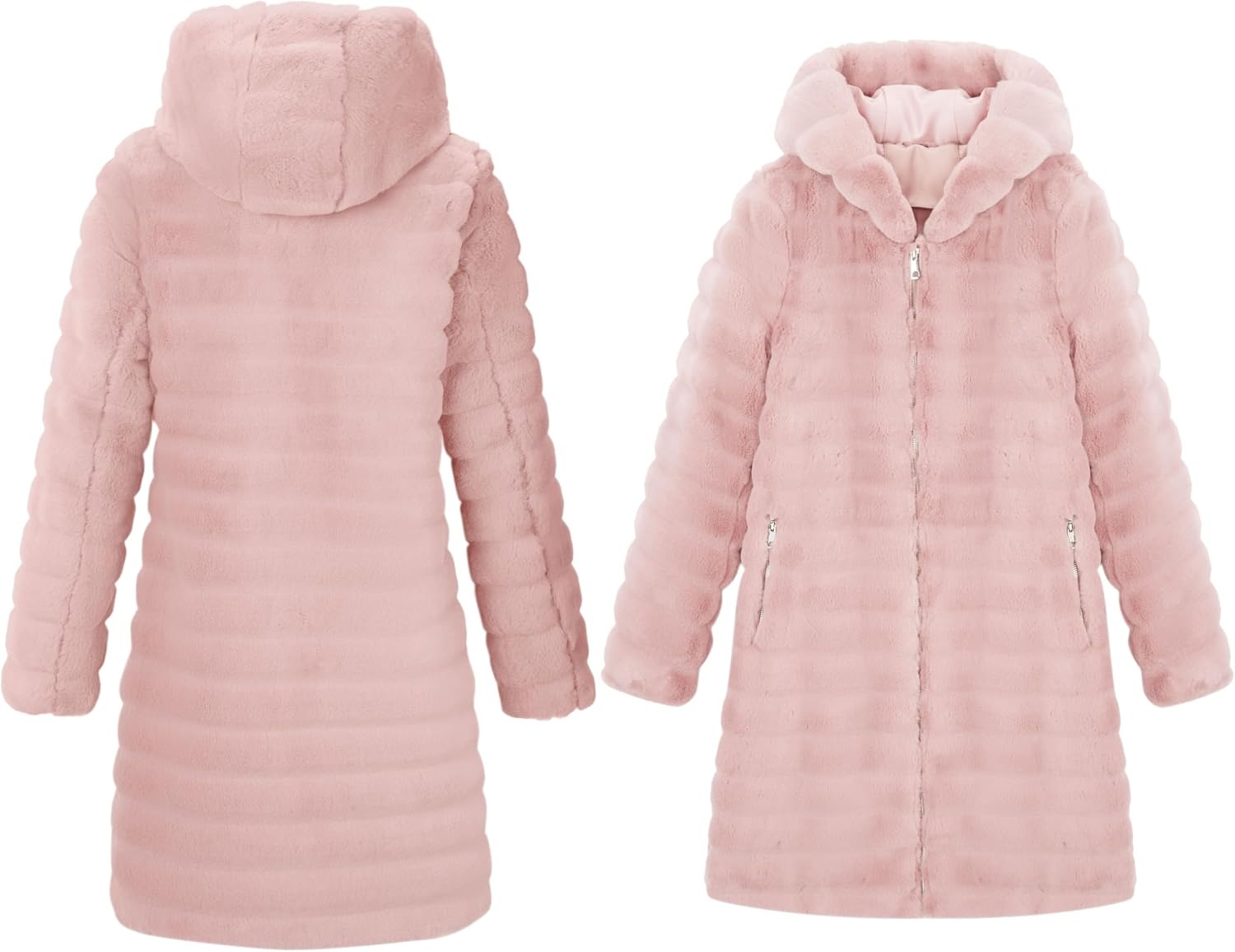 image:imageRISISSIDA Women Long Faux Fur CoatHooded Fleece Jacket Stripes PatternFuzzy Winter Fall Thermal Shearling Warm Fluffy Furry OvercoatZip UpSide PocketsLight Pinkhorizontal Texture