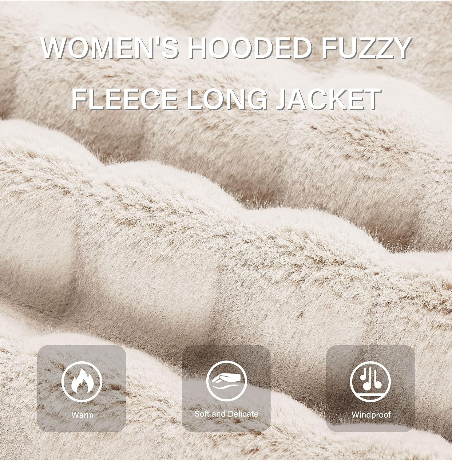 image:imageRISISSIDA Women Long Faux Fur CoatHooded Fleece Jacket Stripes PatternFuzzy Winter Fall Thermal Shearling Warm Fluffy Furry OvercoatZip UpSide PocketsBeigehorizontal Texture