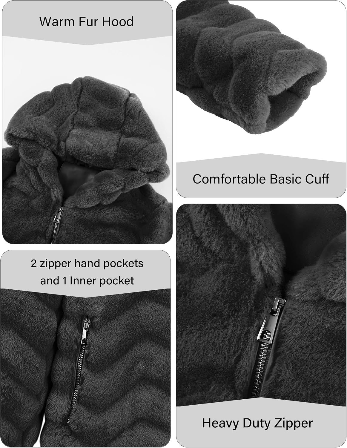 image:imageRISISSIDA Women Long Faux Fur CoatHooded Fleece Jacket Stripes PatternFuzzy Winter Fall Thermal Shearling Warm Fluffy Furry OvercoatZip UpSide PocketsBlackwave Texture