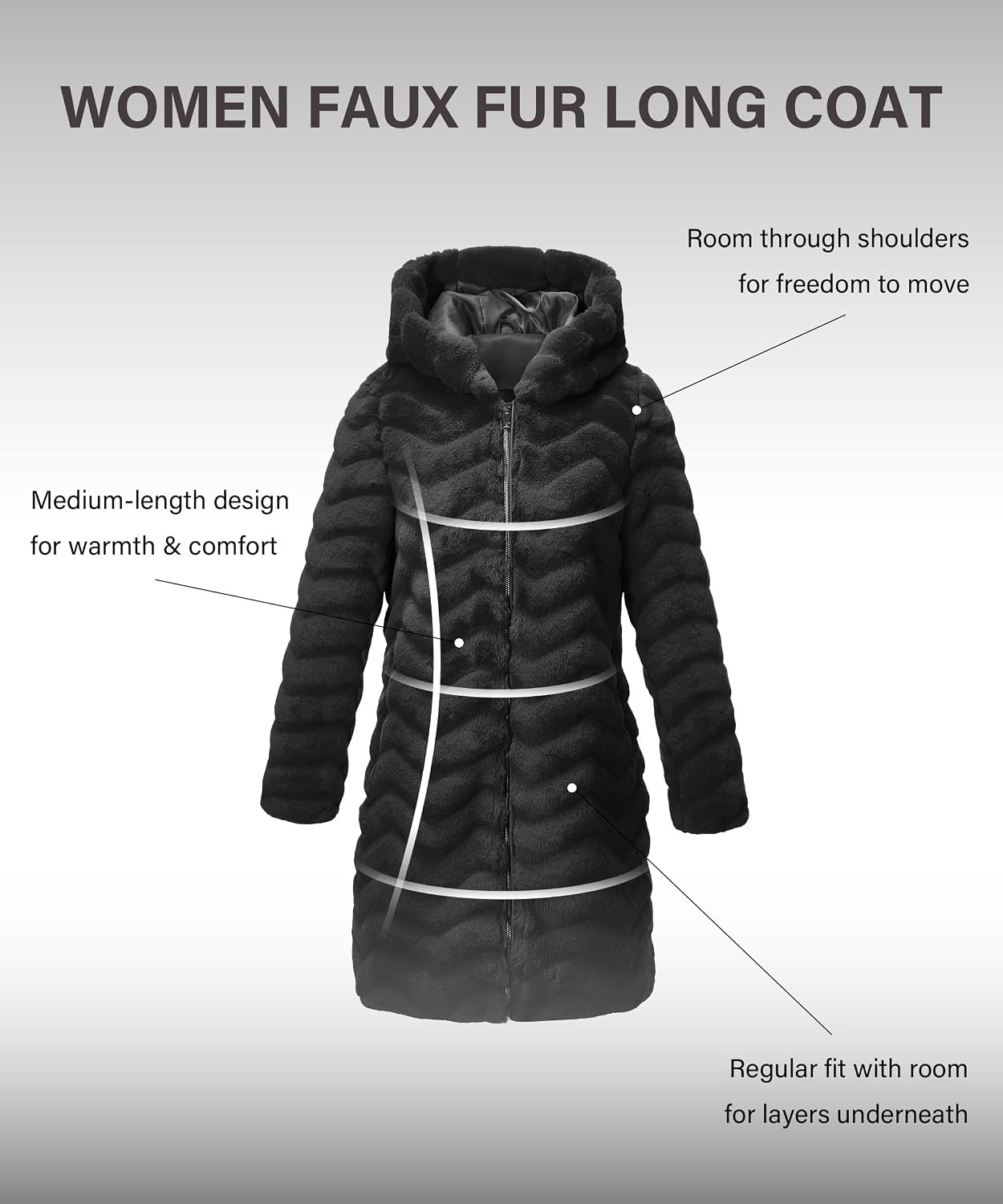 image:imageRISISSIDA Women Long Faux Fur CoatHooded Fleece Jacket Stripes PatternFuzzy Winter Fall Thermal Shearling Warm Fluffy Furry OvercoatZip UpSide PocketsBlackwave Texture