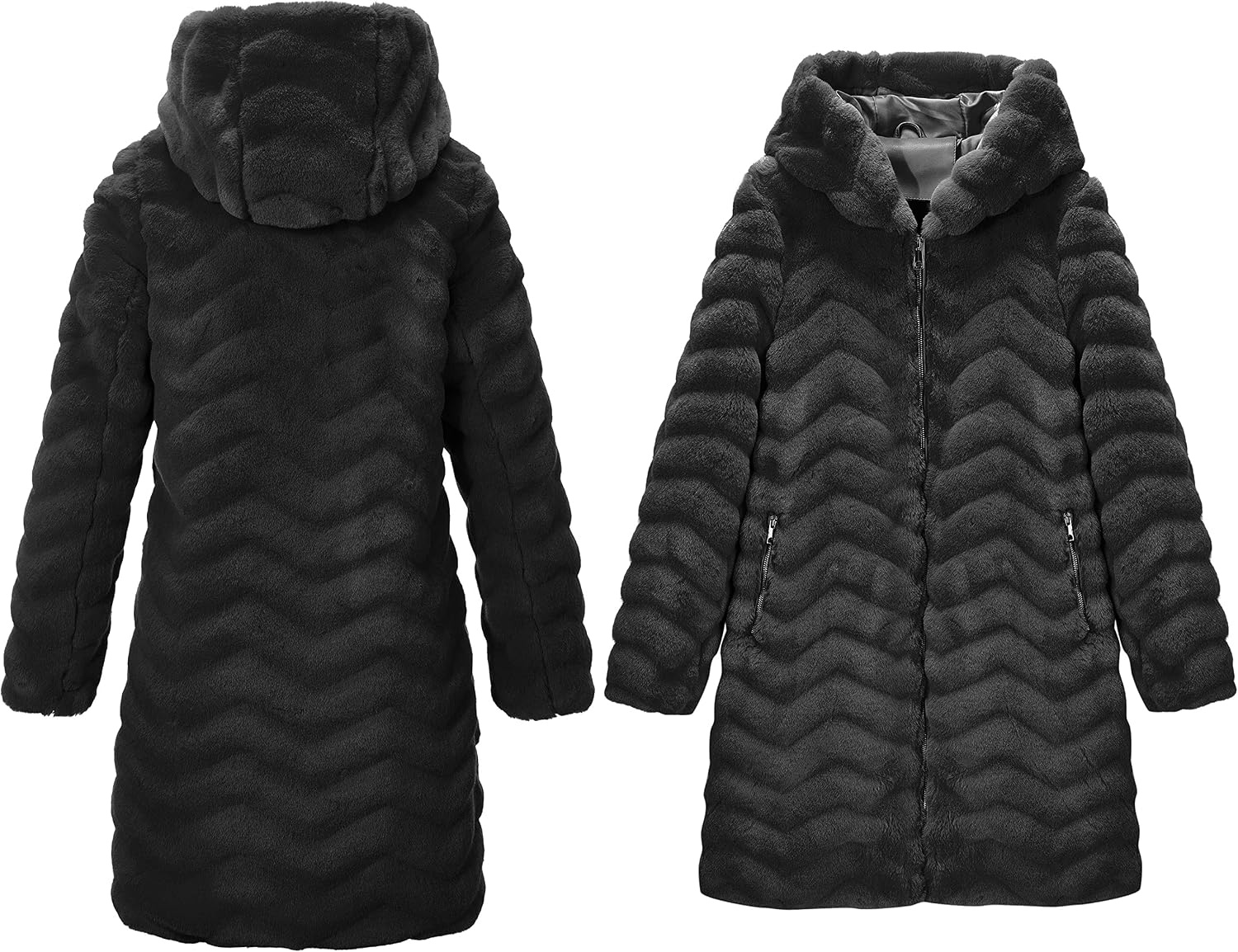 image:imageRISISSIDA Women Long Faux Fur CoatHooded Fleece Jacket Stripes PatternFuzzy Winter Fall Thermal Shearling Warm Fluffy Furry OvercoatZip UpSide PocketsBlackwave Texture