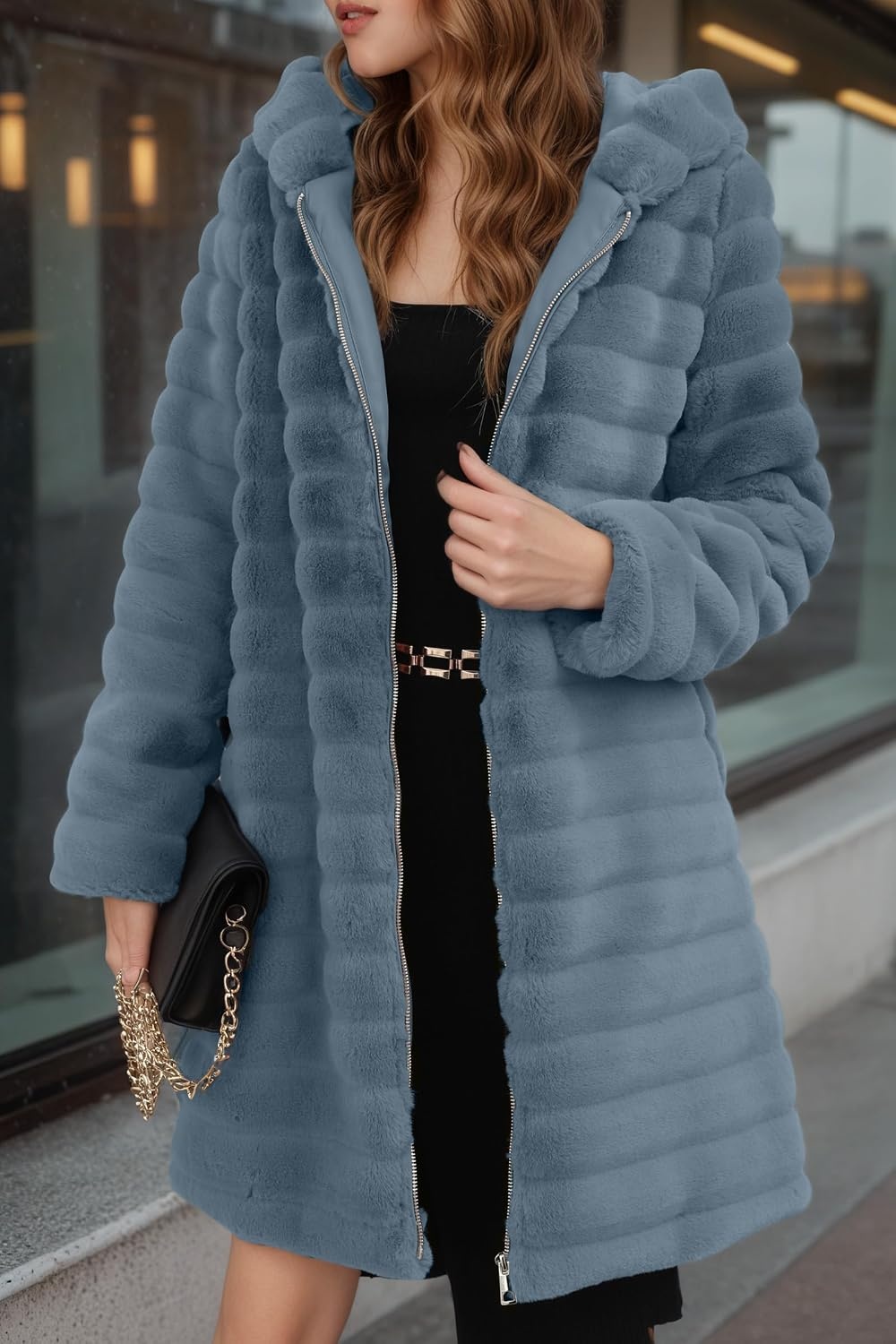 image:imageRISISSIDA Women Long Faux Fur CoatHooded Fleece Jacket Stripes PatternFuzzy Winter Fall Thermal Shearling Warm Fluffy Furry OvercoatZip UpSide PocketsBluehorizontal Texture