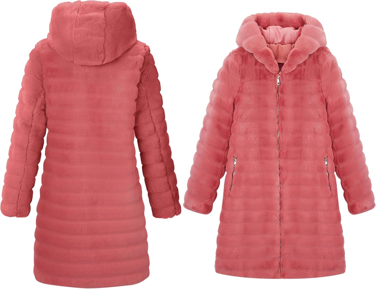 image:imageRISISSIDA Women Long Faux Fur CoatHooded Fleece Jacket Stripes PatternFuzzy Winter Fall Thermal Shearling Warm Fluffy Furry OvercoatZip UpSide PocketsRedhorizontal Texture