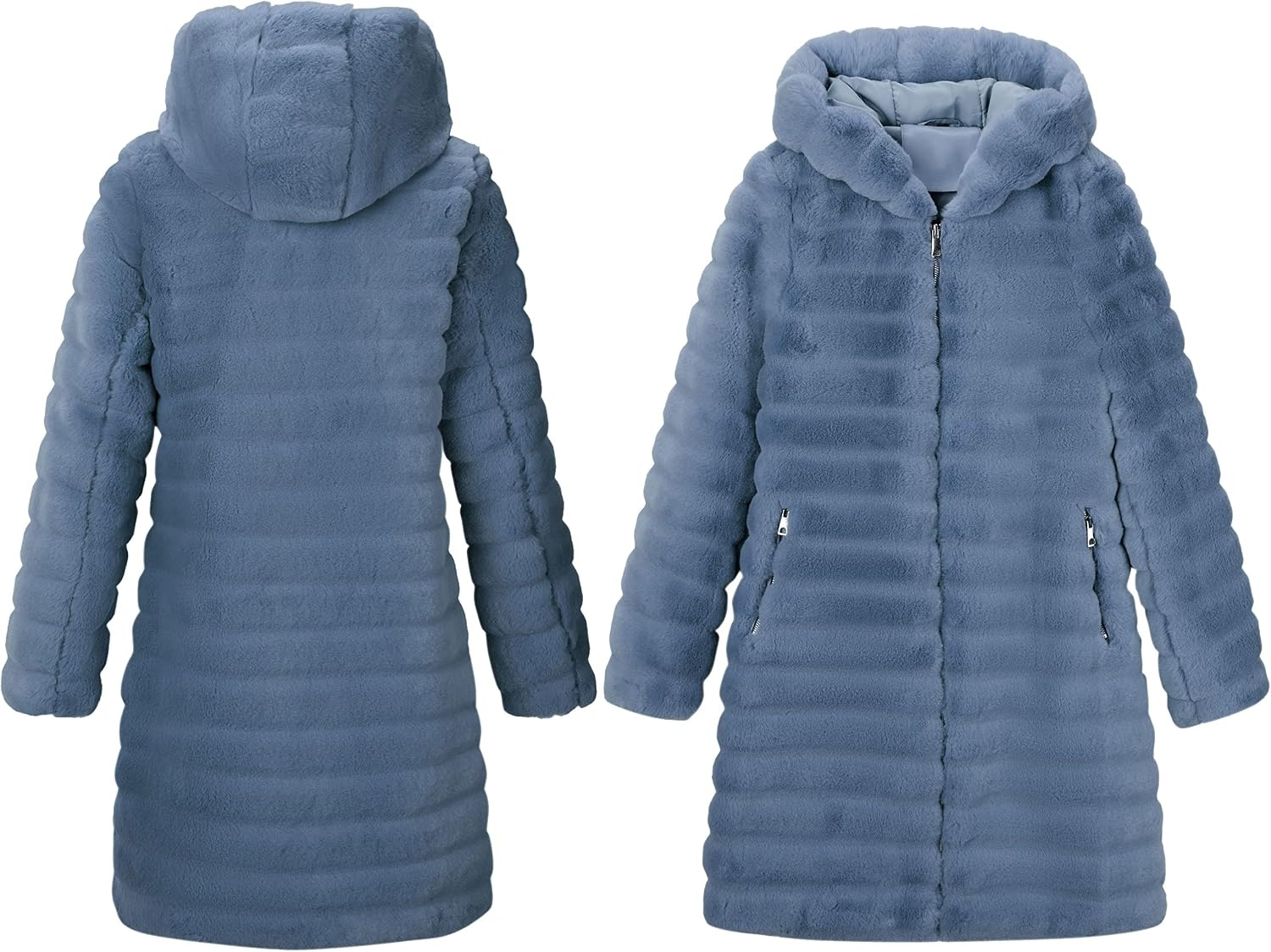 image:imageRISISSIDA Women Long Faux Fur CoatHooded Fleece Jacket Stripes PatternFuzzy Winter Fall Thermal Shearling Warm Fluffy Furry OvercoatZip UpSide PocketsBluehorizontal Texture