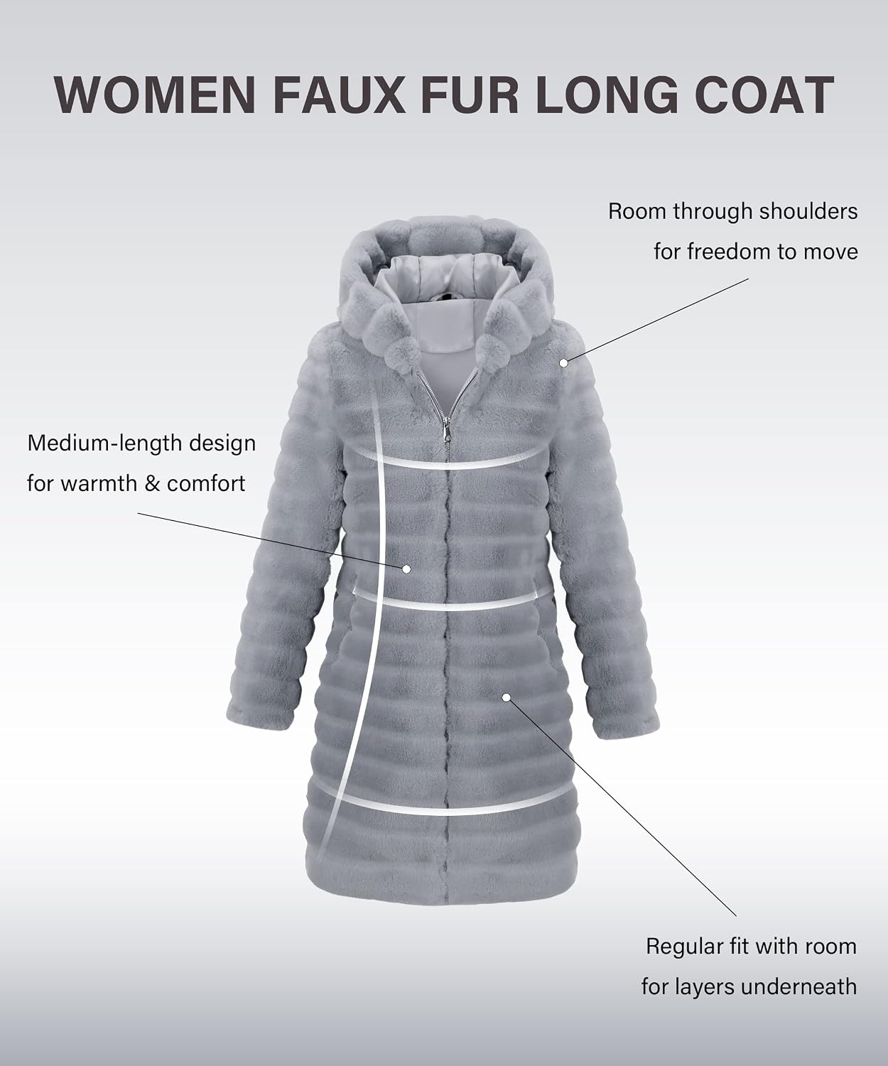 image:imageRISISSIDA Women Long Faux Fur CoatHooded Fleece Jacket Stripes PatternFuzzy Winter Fall Thermal Shearling Warm Fluffy Furry OvercoatZip UpSide PocketsGrayhorizontal Texture