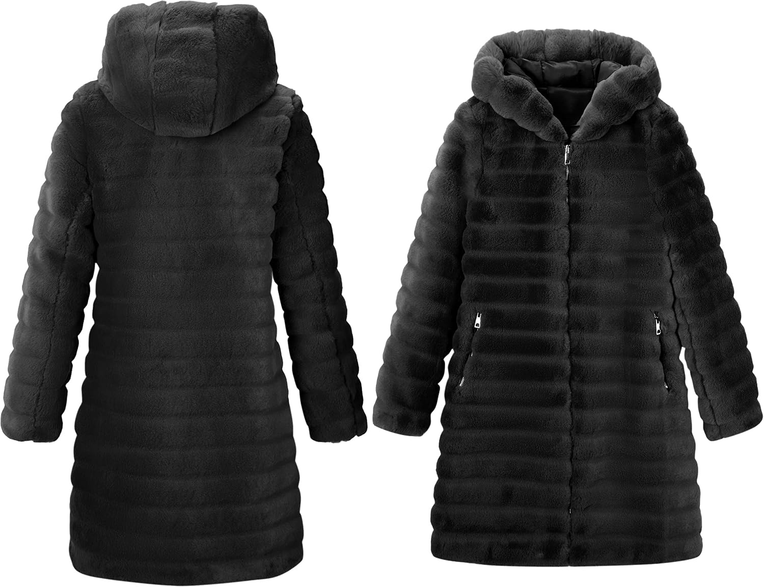 image:imageRISISSIDA Women Long Faux Fur CoatHooded Fleece Jacket Stripes PatternFuzzy Winter Fall Thermal Shearling Warm Fluffy Furry OvercoatZip UpSide PocketsBlackhorizontal Texture