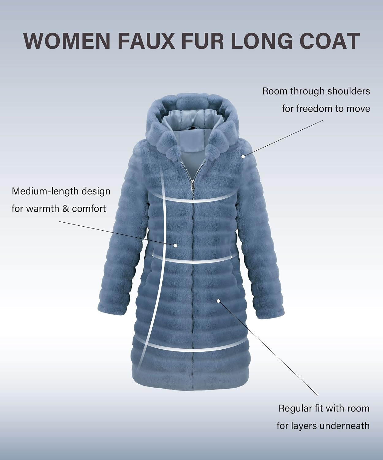 image:imageRISISSIDA Women Long Faux Fur CoatHooded Fleece Jacket Stripes PatternFuzzy Winter Fall Thermal Shearling Warm Fluffy Furry OvercoatZip UpSide PocketsBluehorizontal Texture
