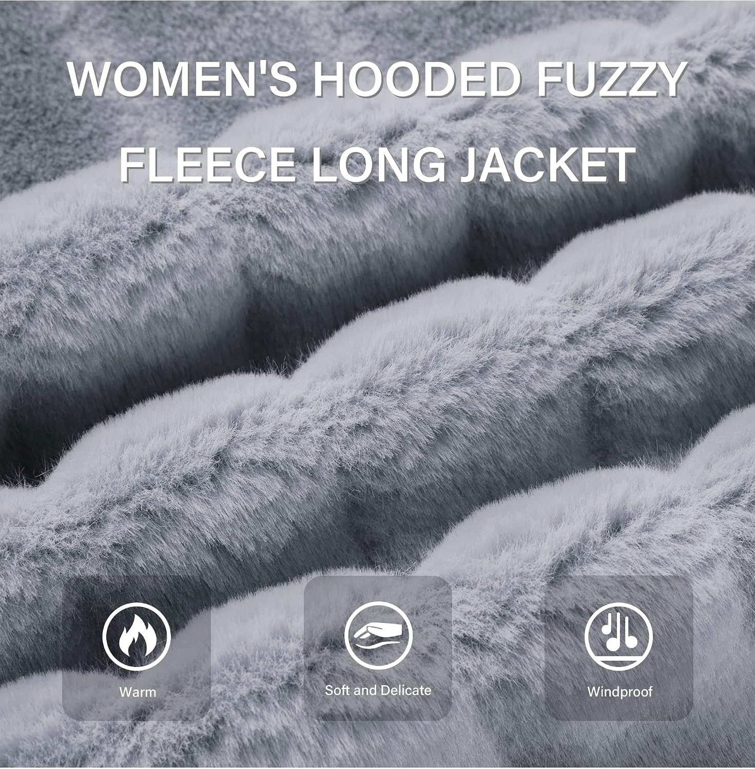 image:imageRISISSIDA Women Long Faux Fur CoatHooded Fleece Jacket Stripes PatternFuzzy Winter Fall Thermal Shearling Warm Fluffy Furry OvercoatZip UpSide PocketsGrayhorizontal Texture