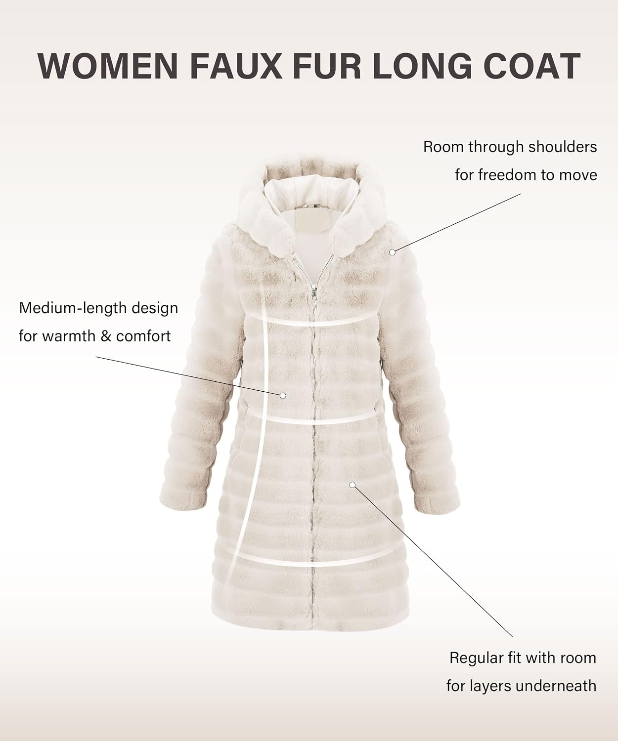 image:imageRISISSIDA Women Long Faux Fur CoatHooded Fleece Jacket Stripes PatternFuzzy Winter Fall Thermal Shearling Warm Fluffy Furry OvercoatZip UpSide PocketsBeigehorizontal Texture