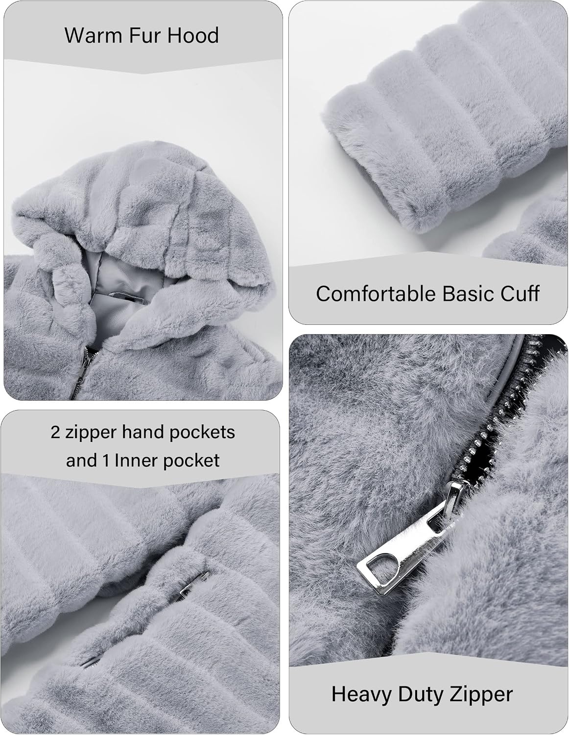 image:imageRISISSIDA Women Long Faux Fur CoatHooded Fleece Jacket Stripes PatternFuzzy Winter Fall Thermal Shearling Warm Fluffy Furry OvercoatZip UpSide PocketsGrayhorizontal Texture