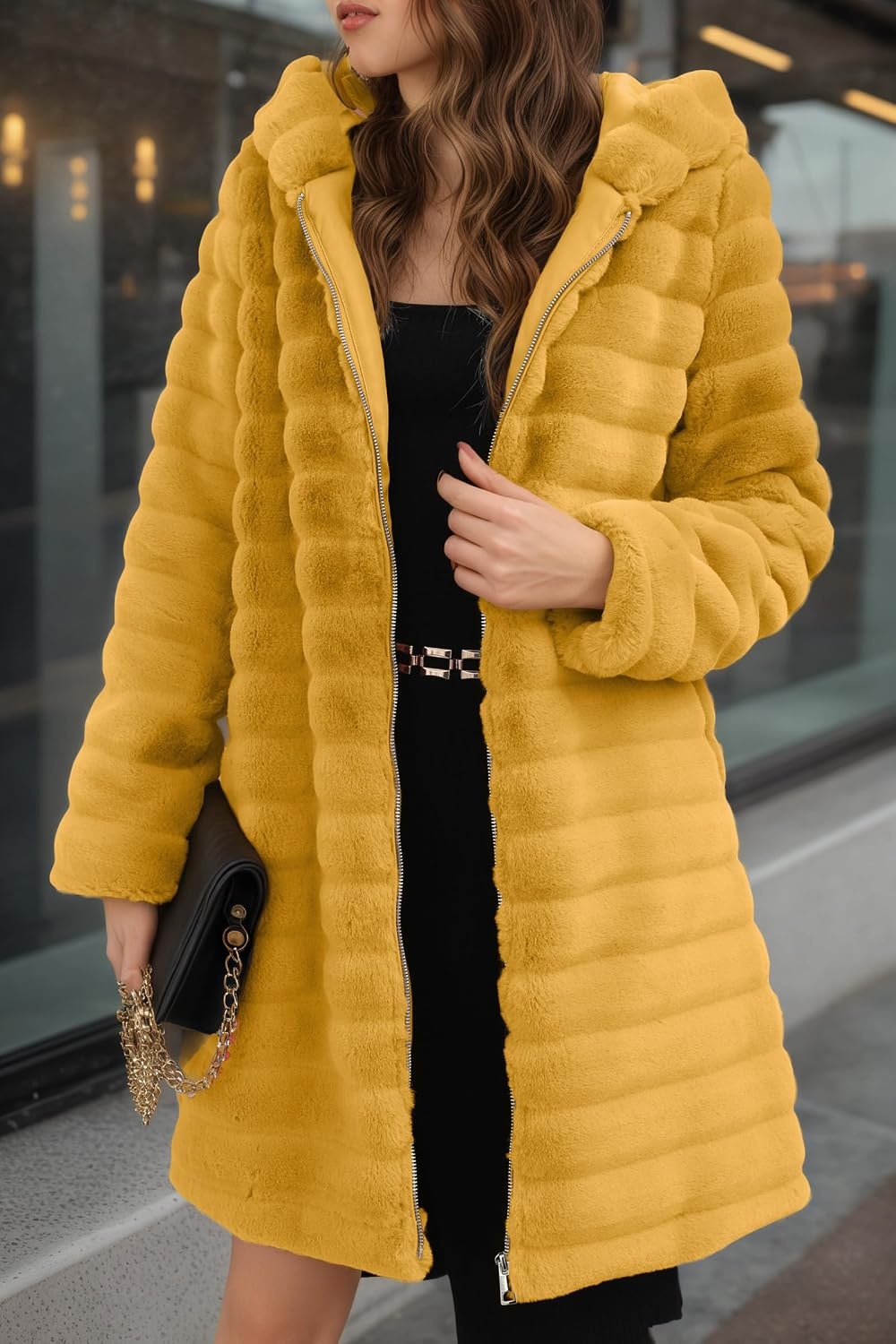 image:imageRISISSIDA Women Long Faux Fur CoatHooded Fleece Jacket Stripes PatternFuzzy Winter Fall Thermal Shearling Warm Fluffy Furry OvercoatZip UpSide PocketsYellowhorizontal Texture