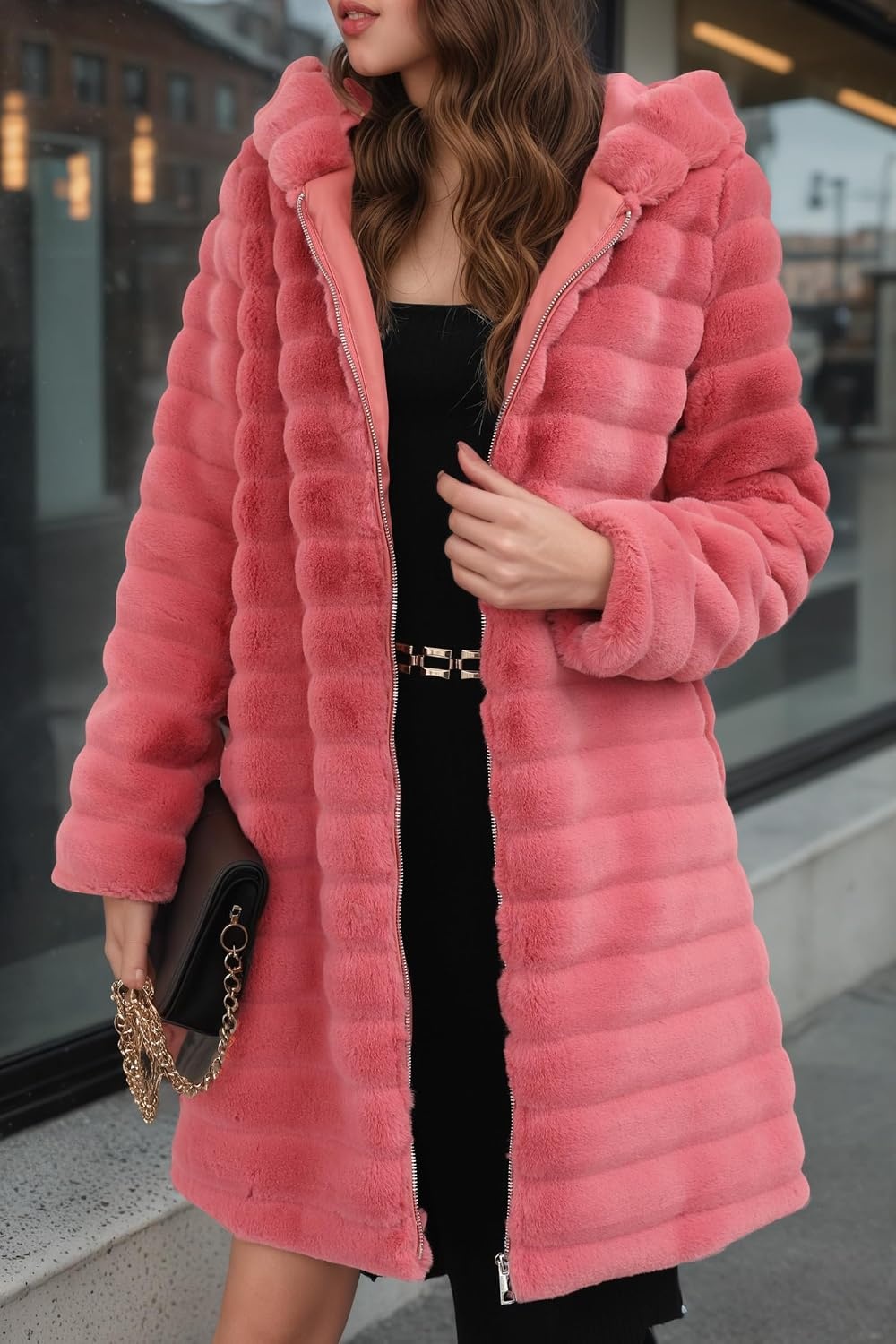 image:imageRISISSIDA Women Long Faux Fur CoatHooded Fleece Jacket Stripes PatternFuzzy Winter Fall Thermal Shearling Warm Fluffy Furry OvercoatZip UpSide PocketsRedhorizontal Texture