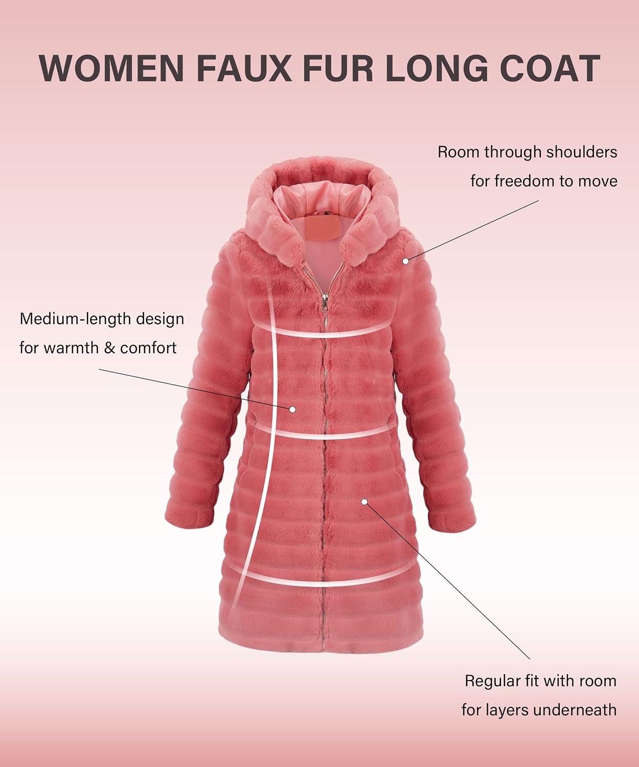 image:imageRISISSIDA Women Long Faux Fur CoatHooded Fleece Jacket Stripes PatternFuzzy Winter Fall Thermal Shearling Warm Fluffy Furry OvercoatZip UpSide PocketsRedhorizontal Texture