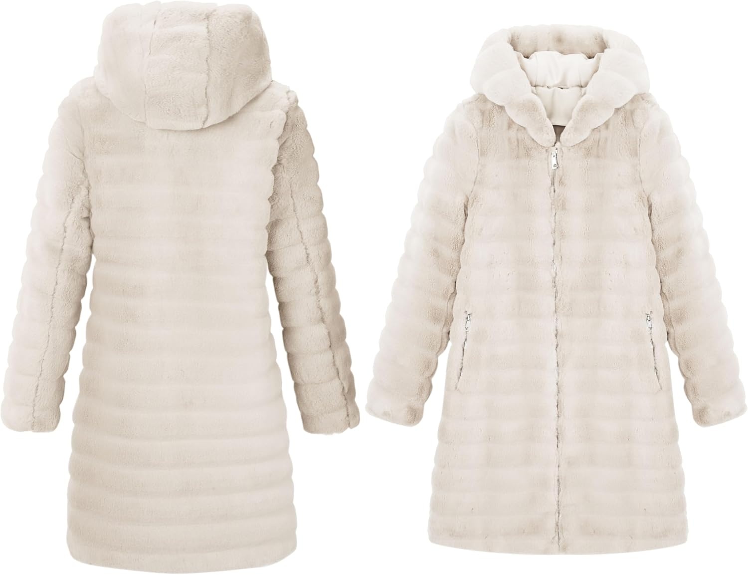 image:imageRISISSIDA Women Long Faux Fur CoatHooded Fleece Jacket Stripes PatternFuzzy Winter Fall Thermal Shearling Warm Fluffy Furry OvercoatZip UpSide PocketsBeigehorizontal Texture