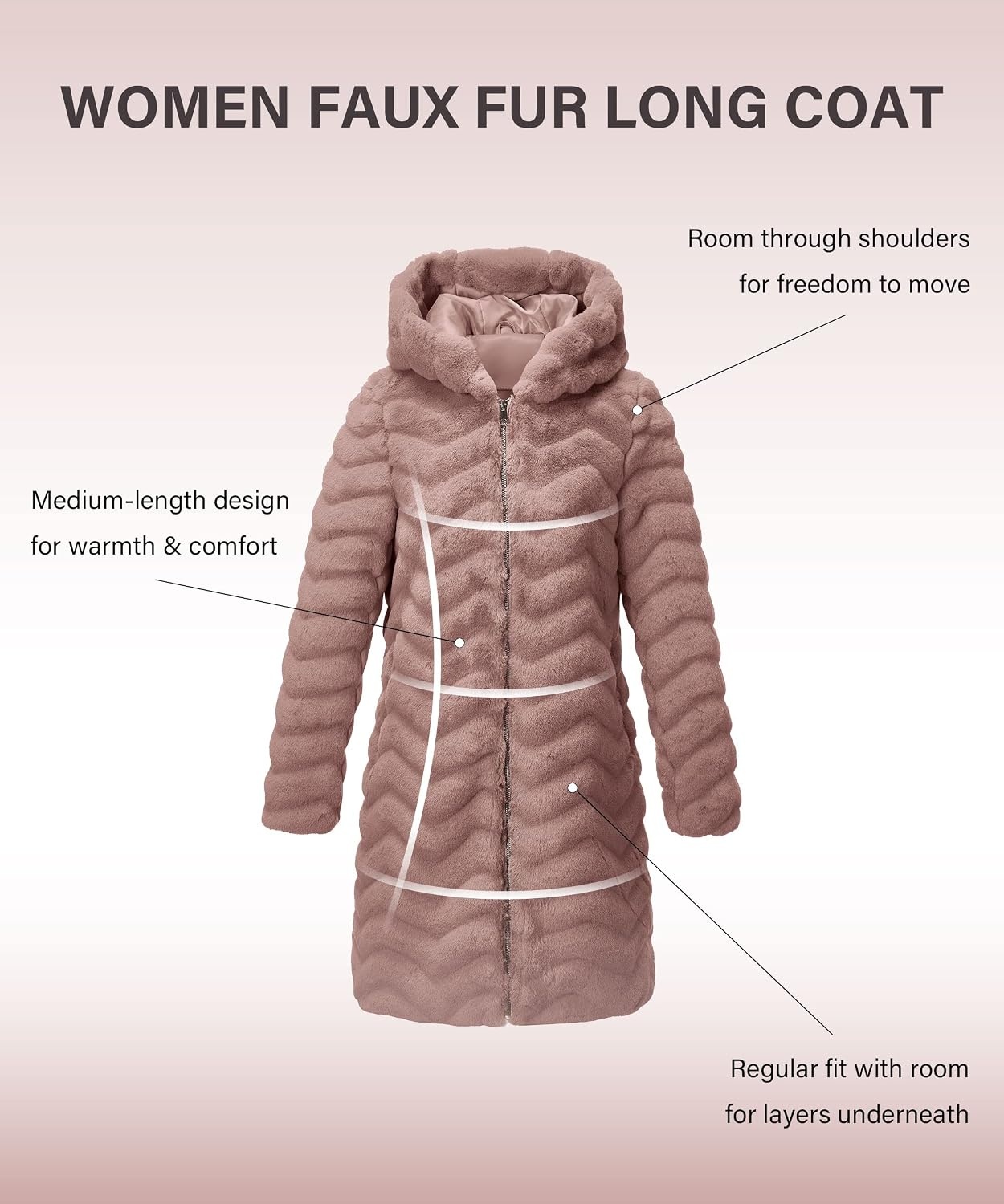 image:imageRISISSIDA Women Long Faux Fur CoatHooded Fleece Jacket Stripes PatternFuzzy Winter Fall Thermal Shearling Warm Fluffy Furry OvercoatZip UpSide PocketsBrown Pinkwave Texture