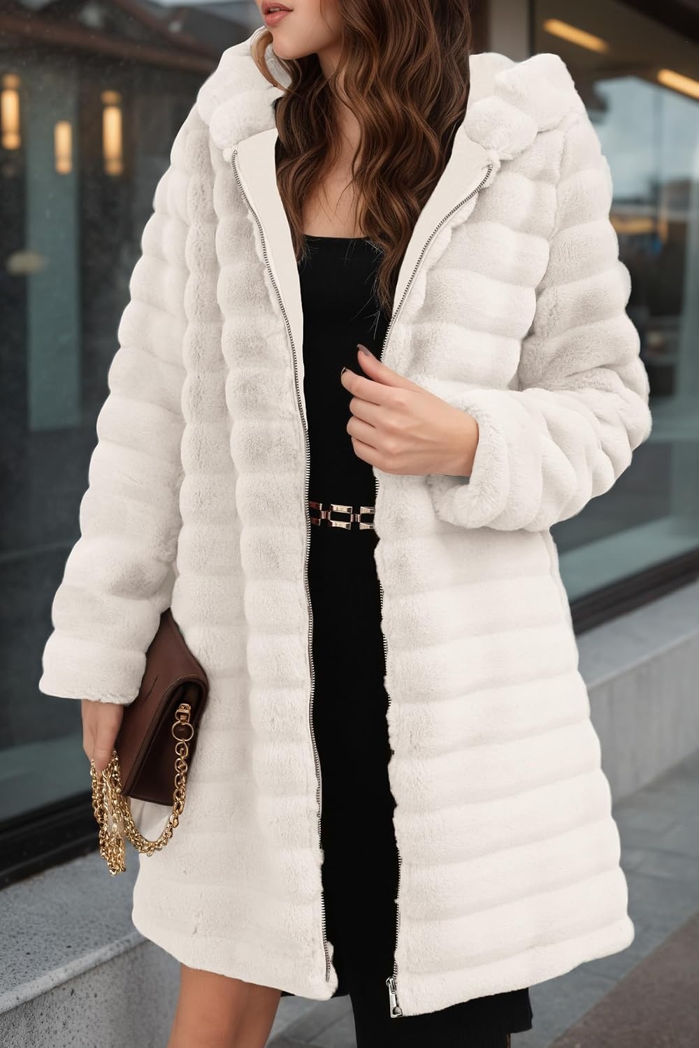 image:imageRISISSIDA Women Long Faux Fur CoatHooded Fleece Jacket Stripes PatternFuzzy Winter Fall Thermal Shearling Warm Fluffy Furry OvercoatZip UpSide PocketsBeigehorizontal Texture