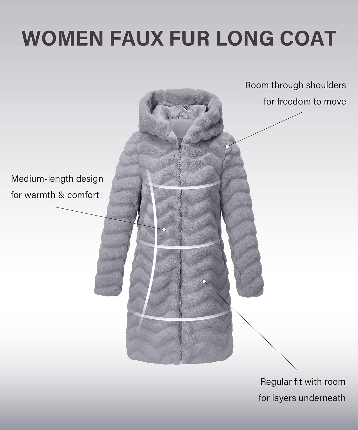 image:imageRISISSIDA Women Long Faux Fur CoatHooded Fleece Jacket Stripes PatternFuzzy Winter Fall Thermal Shearling Warm Fluffy Furry OvercoatZip UpSide PocketsGraywave Texture