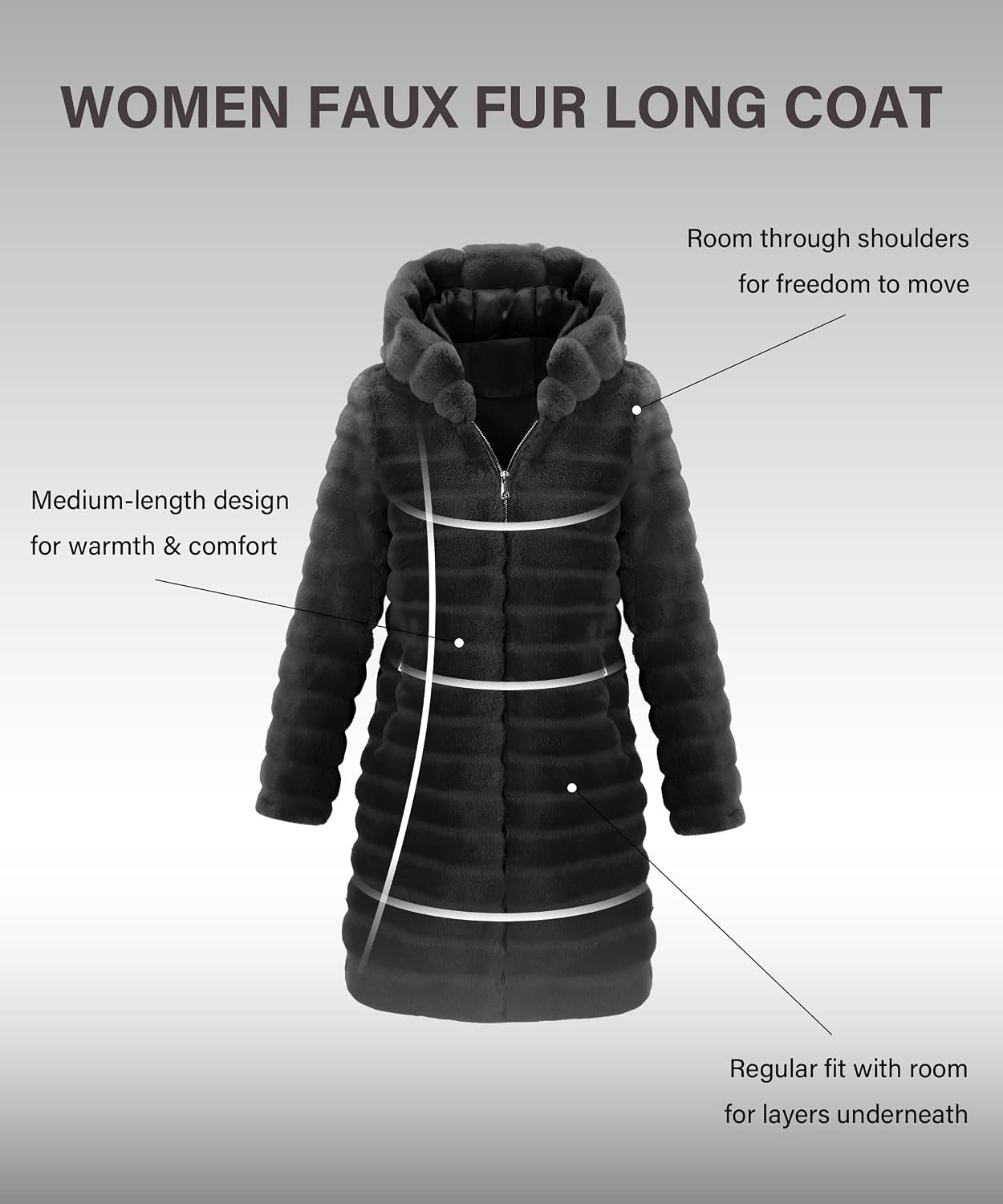 image:imageRISISSIDA Women Long Faux Fur CoatHooded Fleece Jacket Stripes PatternFuzzy Winter Fall Thermal Shearling Warm Fluffy Furry OvercoatZip UpSide PocketsBlackhorizontal Texture