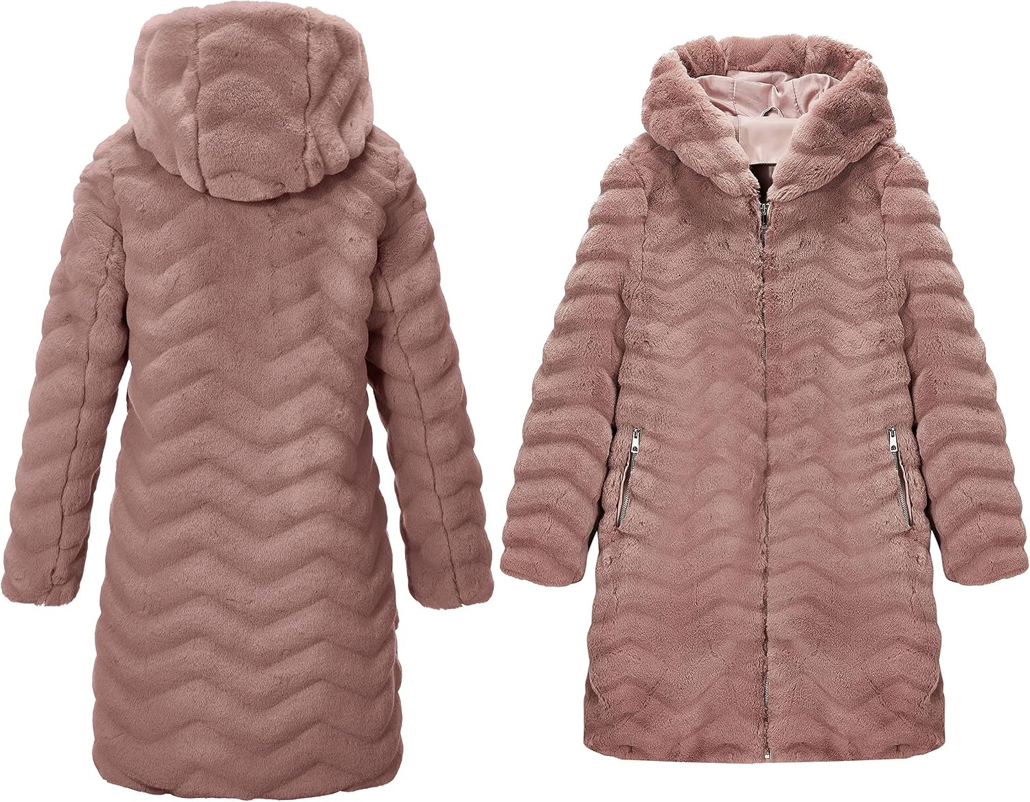 image:imageRISISSIDA Women Long Faux Fur CoatHooded Fleece Jacket Stripes PatternFuzzy Winter Fall Thermal Shearling Warm Fluffy Furry OvercoatZip UpSide PocketsBrown Pinkwave Texture