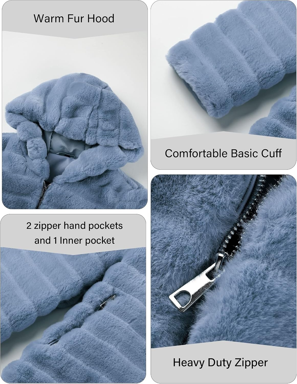 image:imageRISISSIDA Women Long Faux Fur CoatHooded Fleece Jacket Stripes PatternFuzzy Winter Fall Thermal Shearling Warm Fluffy Furry OvercoatZip UpSide PocketsBluehorizontal Texture