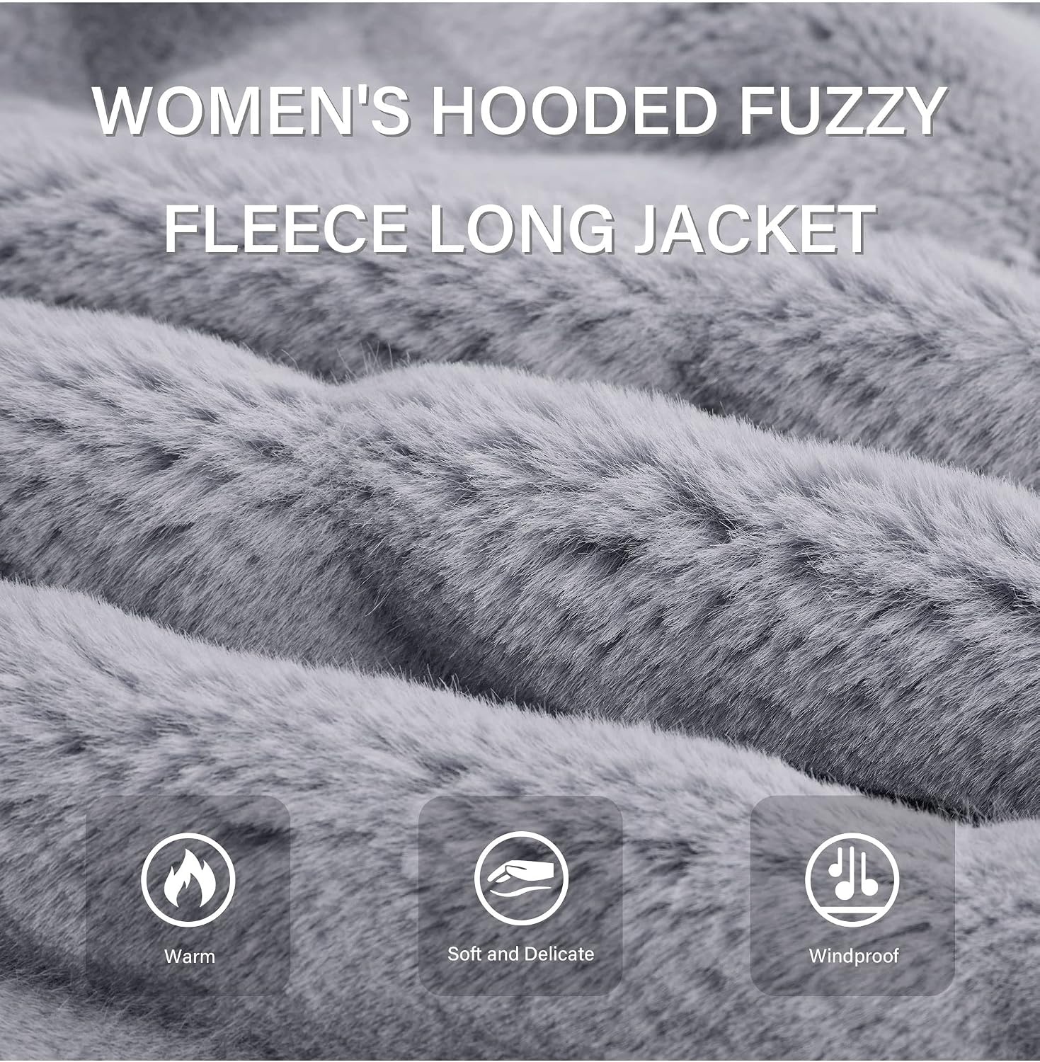 image:imageRISISSIDA Women Long Faux Fur CoatHooded Fleece Jacket Stripes PatternFuzzy Winter Fall Thermal Shearling Warm Fluffy Furry OvercoatZip UpSide PocketsGraywave Texture