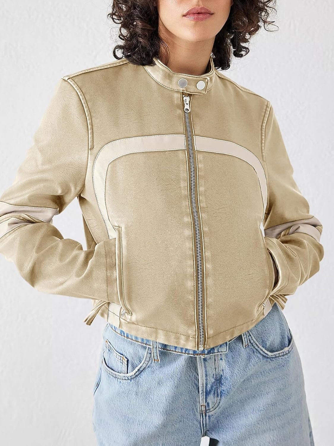 image:imageSaodimallsu Womens Faux Leather Jackets Cropped Racer Moto Biker Coats CropZip UpStand CollarMotocrossRacingMotorcycleCasualApricot