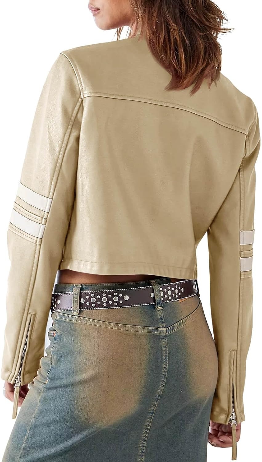 image:imageSaodimallsu Womens Faux Leather Jackets Cropped Racer Moto Biker Coats CropZip UpStand CollarMotocrossRacingMotorcycleCasualApricot
