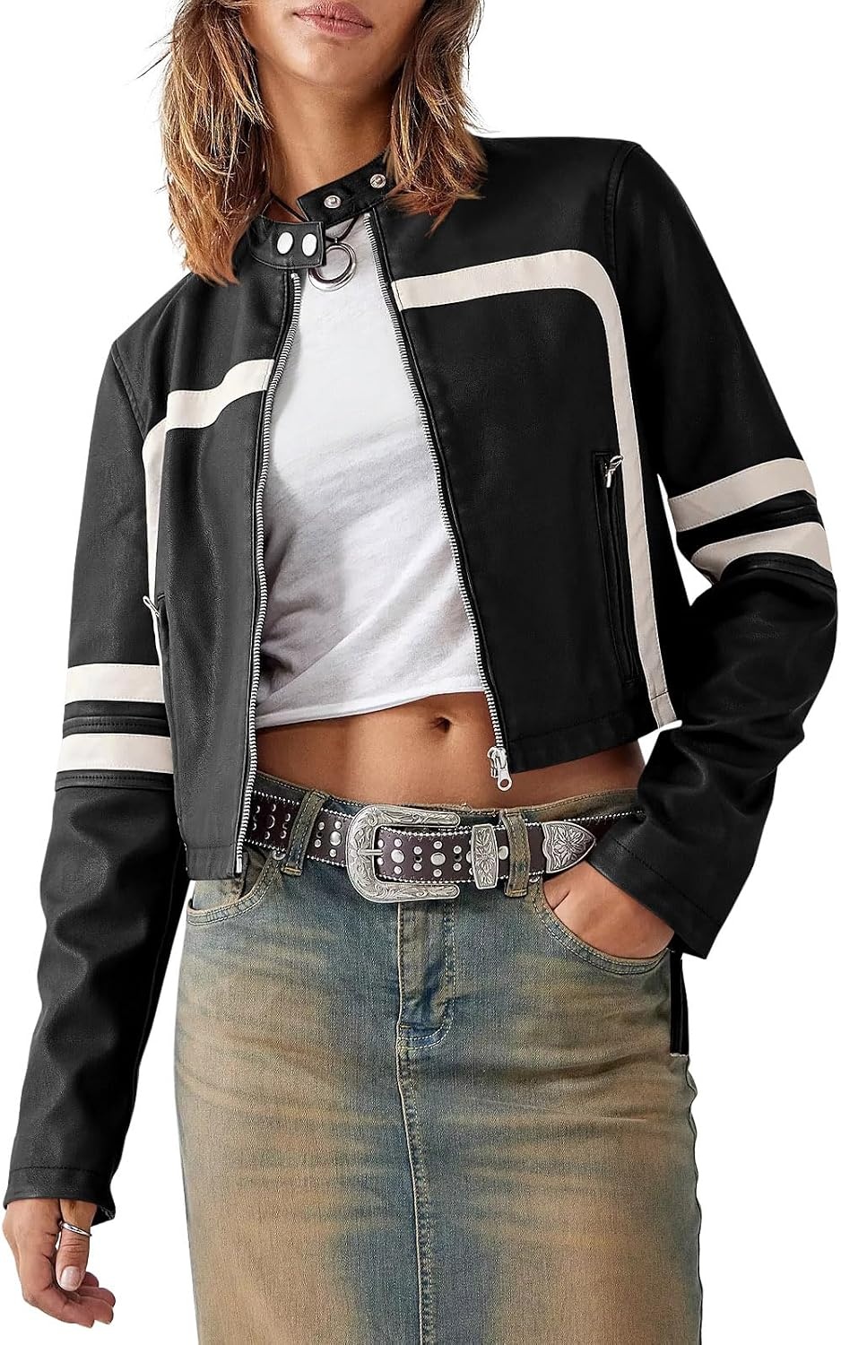 image:imageSaodimallsu Womens Faux Leather Jackets Cropped Racer Moto Biker Coats CropZip UpStand CollarMotocrossRacingMotorcycleCasualBlack
