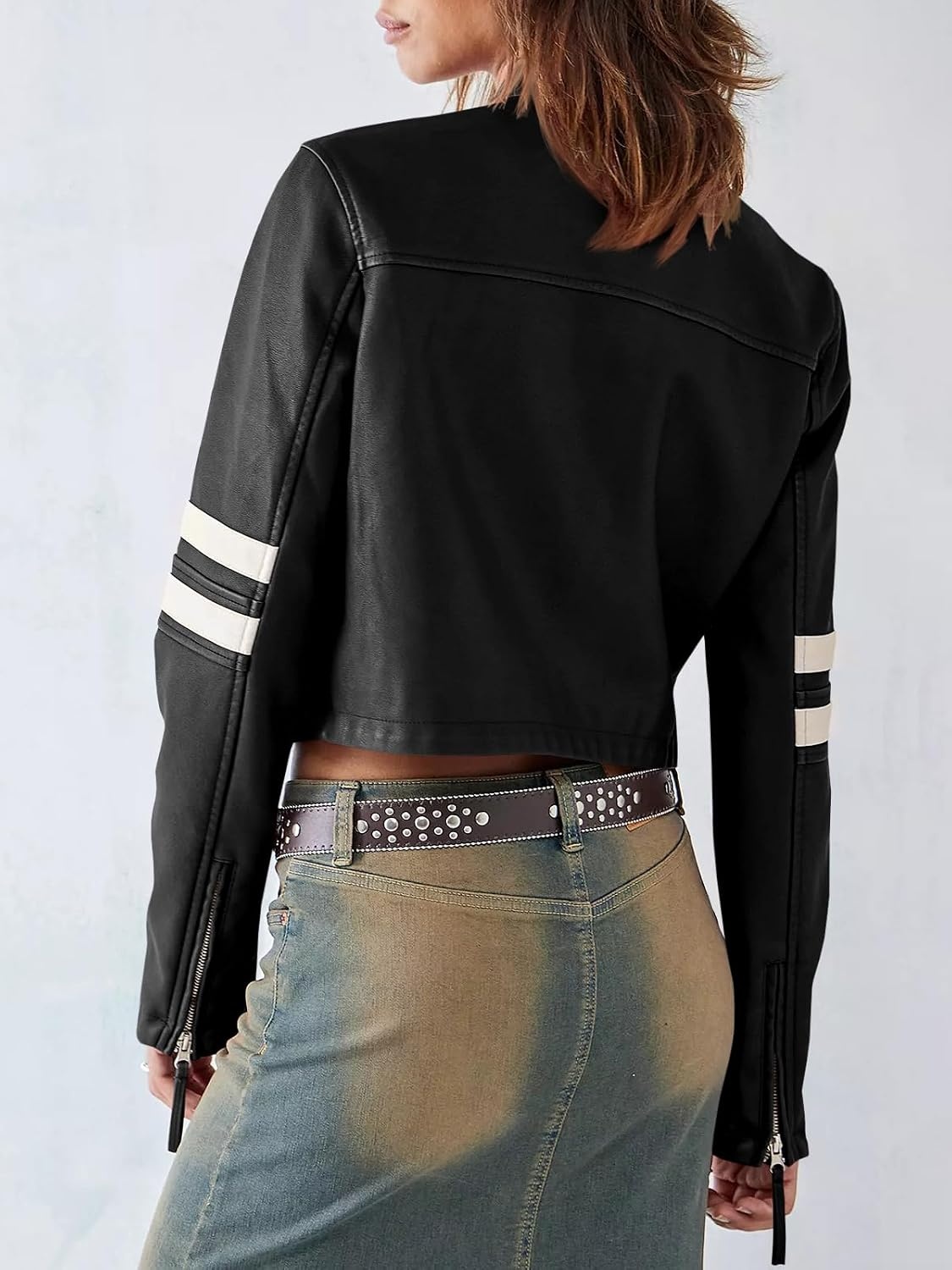 image:imageSaodimallsu Womens Faux Leather Jackets Cropped Racer Moto Biker Coats CropZip UpStand CollarMotocrossRacingMotorcycleCasualBlack