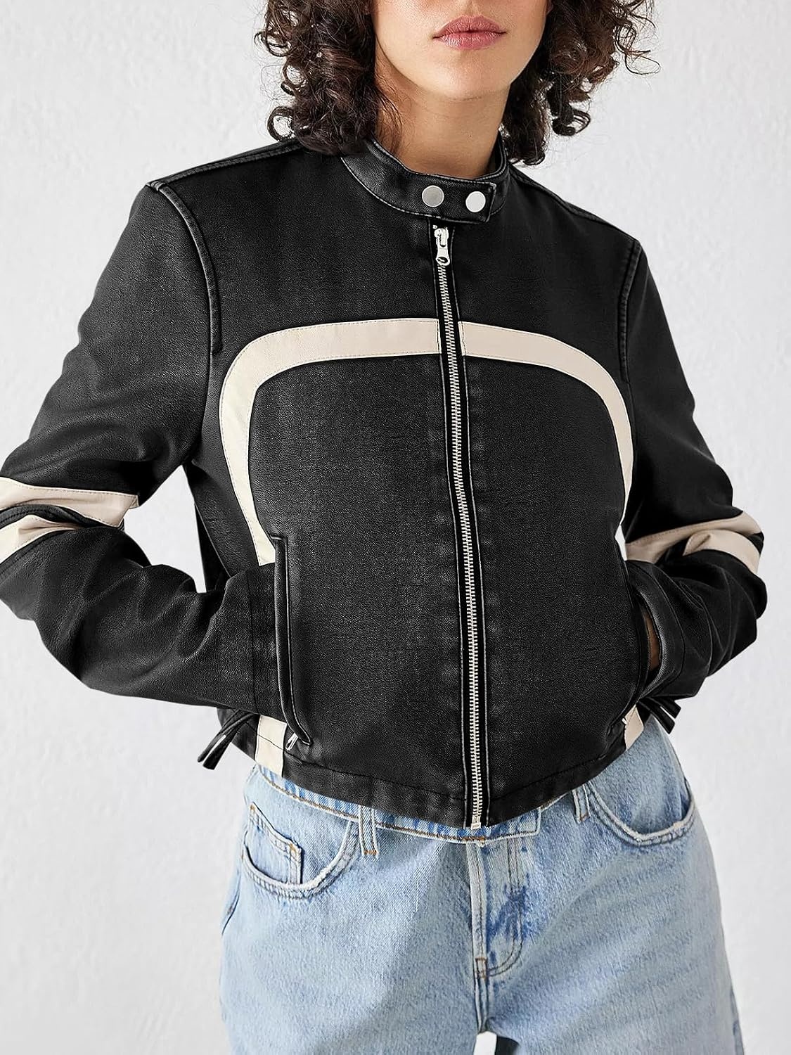image:imageSaodimallsu Womens Faux Leather Jackets Cropped Racer Moto Biker Coats CropZip UpStand CollarMotocrossRacingMotorcycleCasualBlack