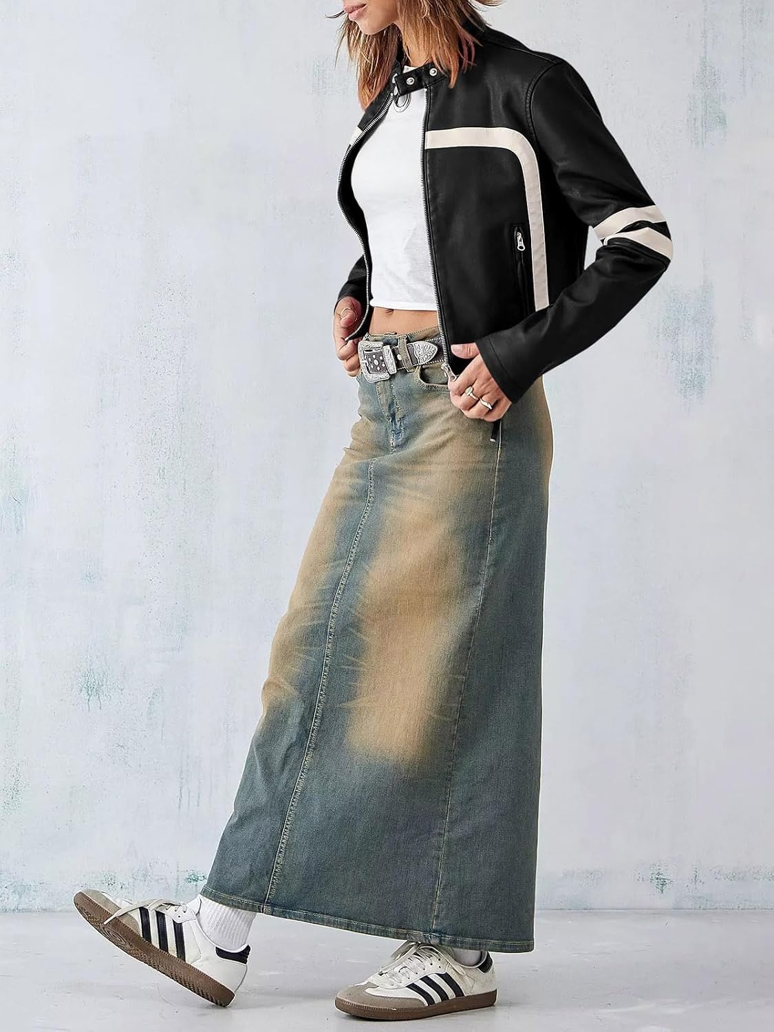 image:imageSaodimallsu Womens Faux Leather Jackets Cropped Racer Moto Biker Coats CropZip UpStand CollarMotocrossRacingMotorcycleCasualBlack